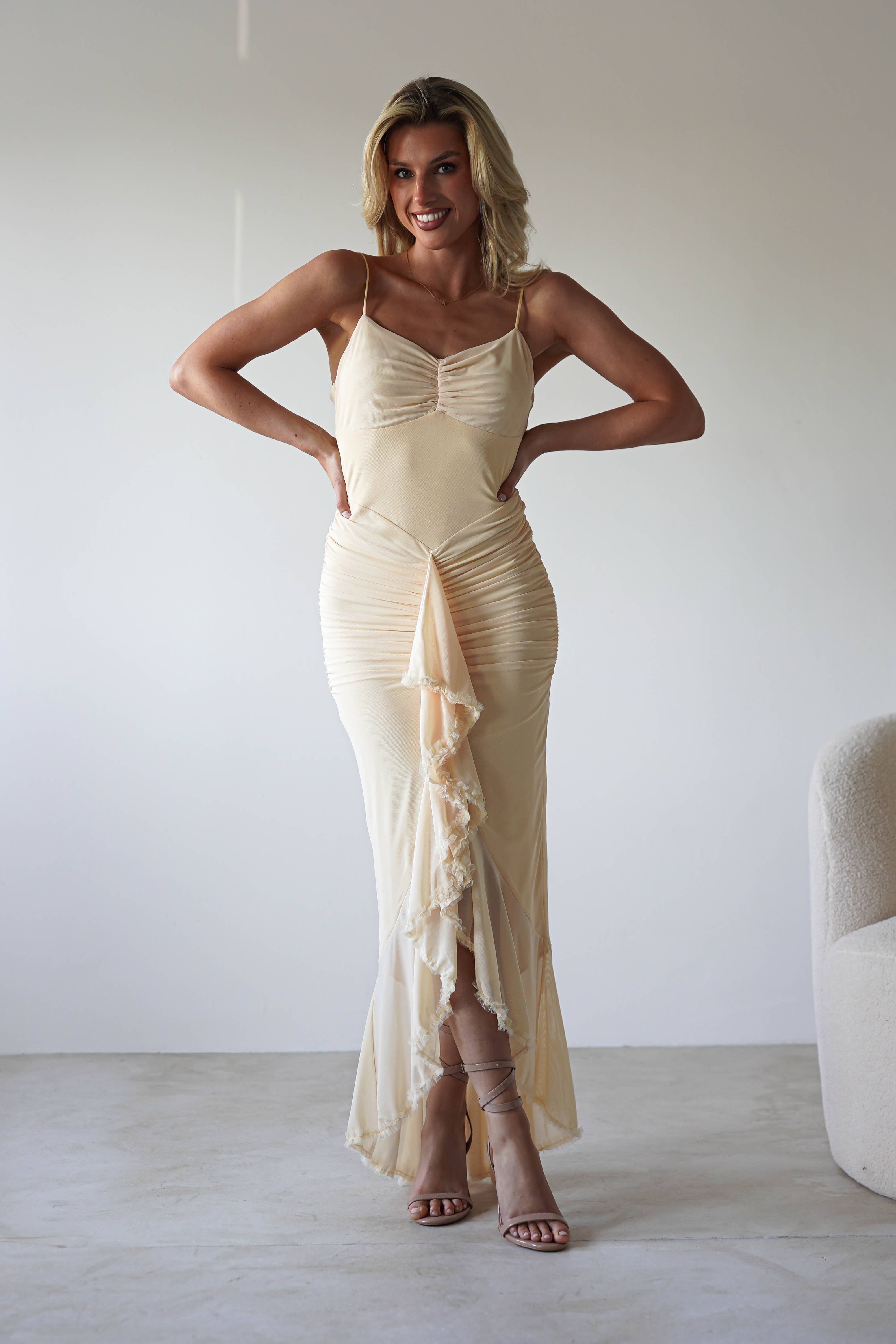 Liliana Light Yellow Mesh Ruched Midaxi Dress | Oh Hello Clothing