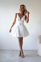 Baxter Cotton Gold Button Mini Dress | White | Graduation | Bride To Be Hen Dress | Oh Hello Clothing
