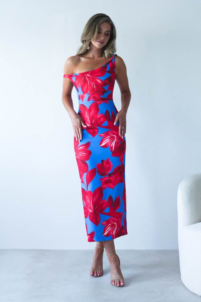 Elliot Floral Print Midi Dress Blue/Red | Wedding Guest Dress | Midi | Oh Hello Clothing