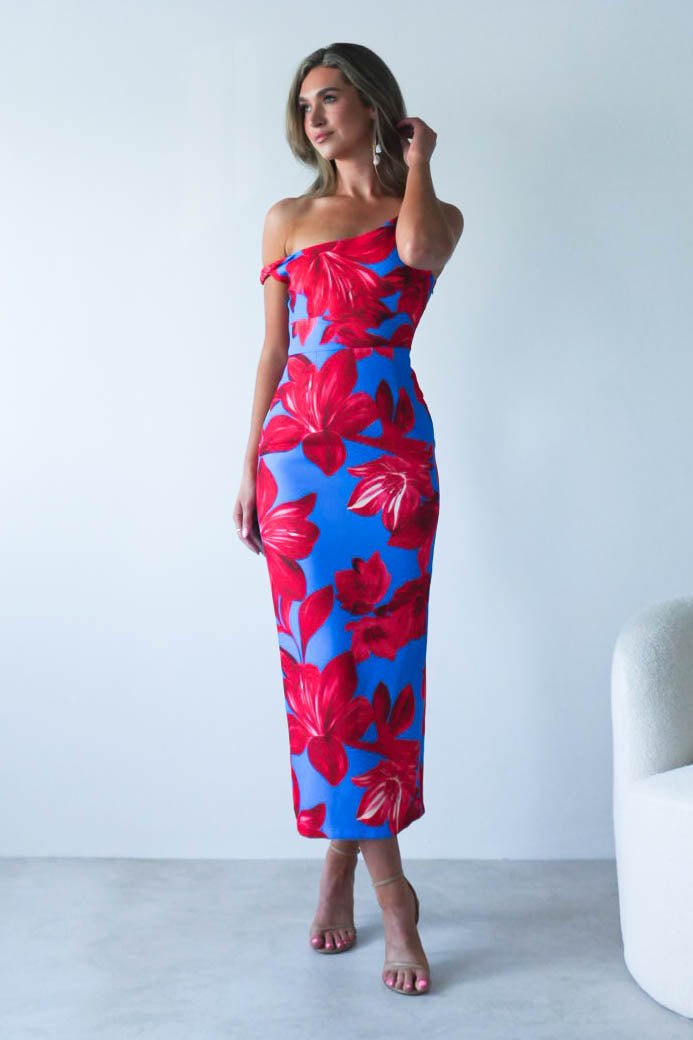 Elliot Floral Print Midi Dress Blue/Red | Wedding Guest Dress | Midi | Oh Hello Clothing