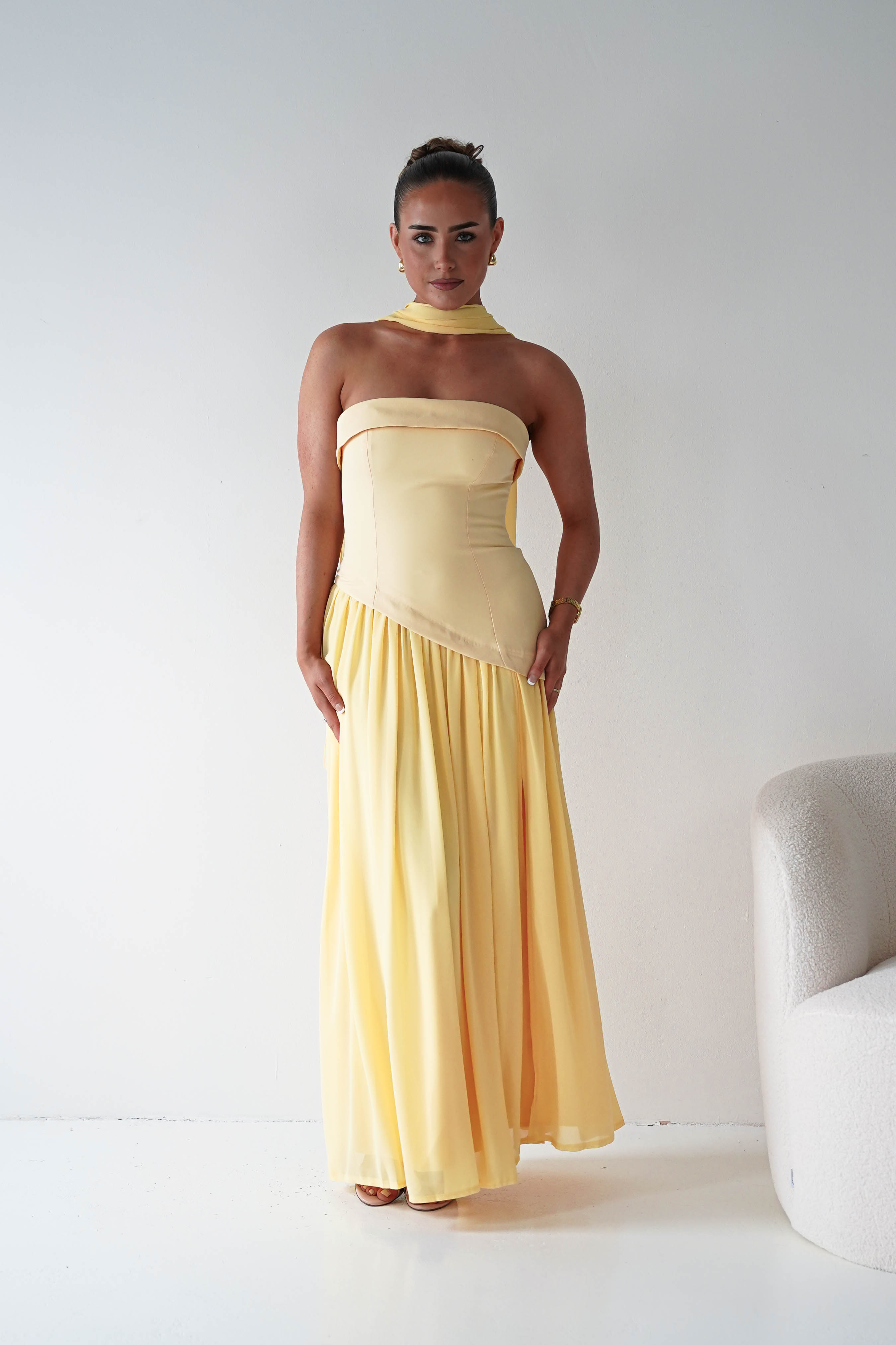 Oh Hello Clothing Women > Clothing > Dresses 1*DONE-64852J02- Butter Yellow Draped Strapless Maxi Dress with Scarf