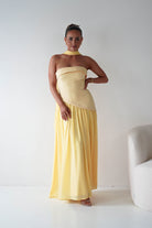 Oh Hello Clothing Women > Clothing > Dresses 1*DONE-64852J02- Butter Yellow Draped Strapless Maxi Dress with Scarf