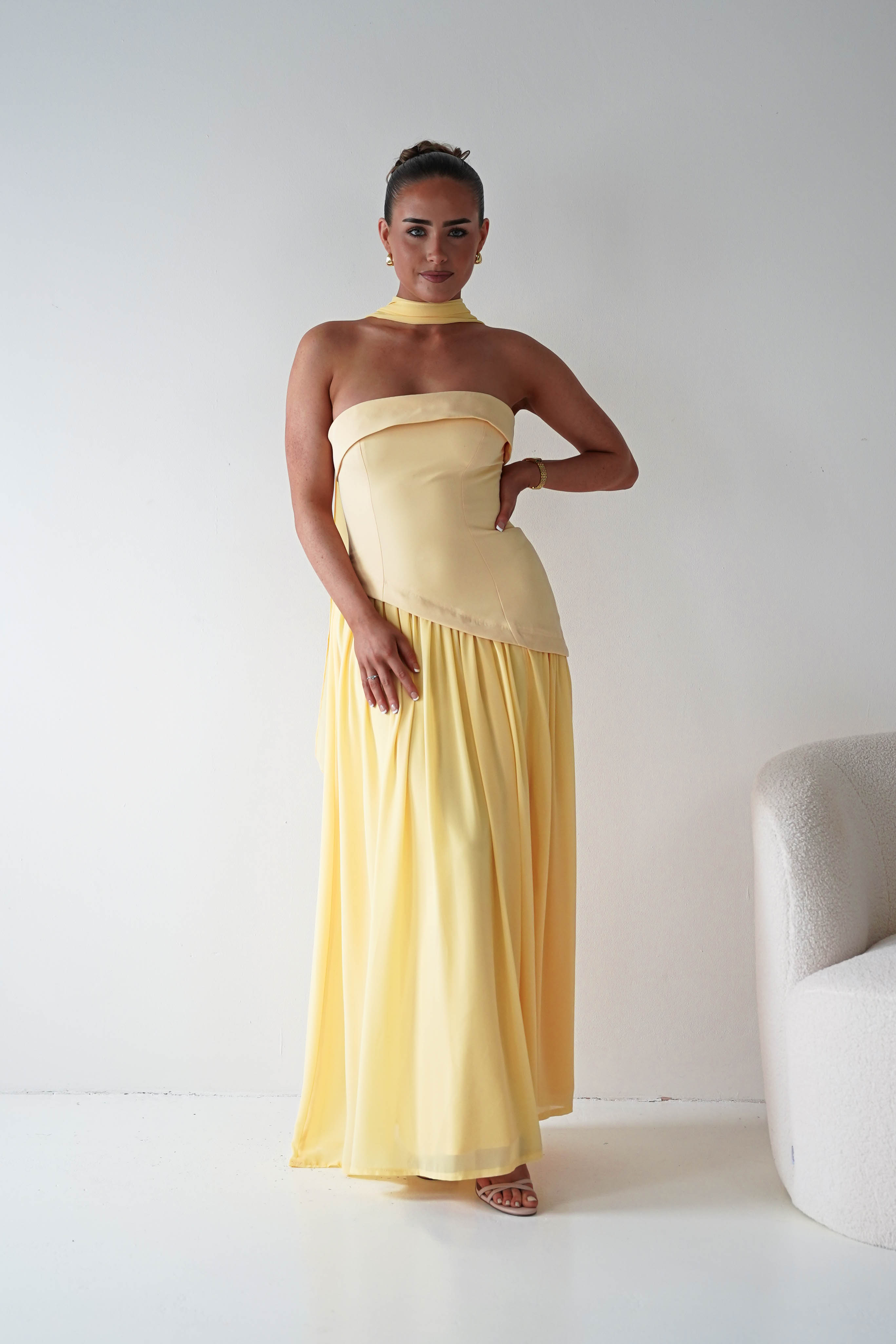 Oh Hello Clothing Women > Clothing > Dresses 1*DONE-64852J02- Butter Yellow Draped Strapless Maxi Dress with Scarf