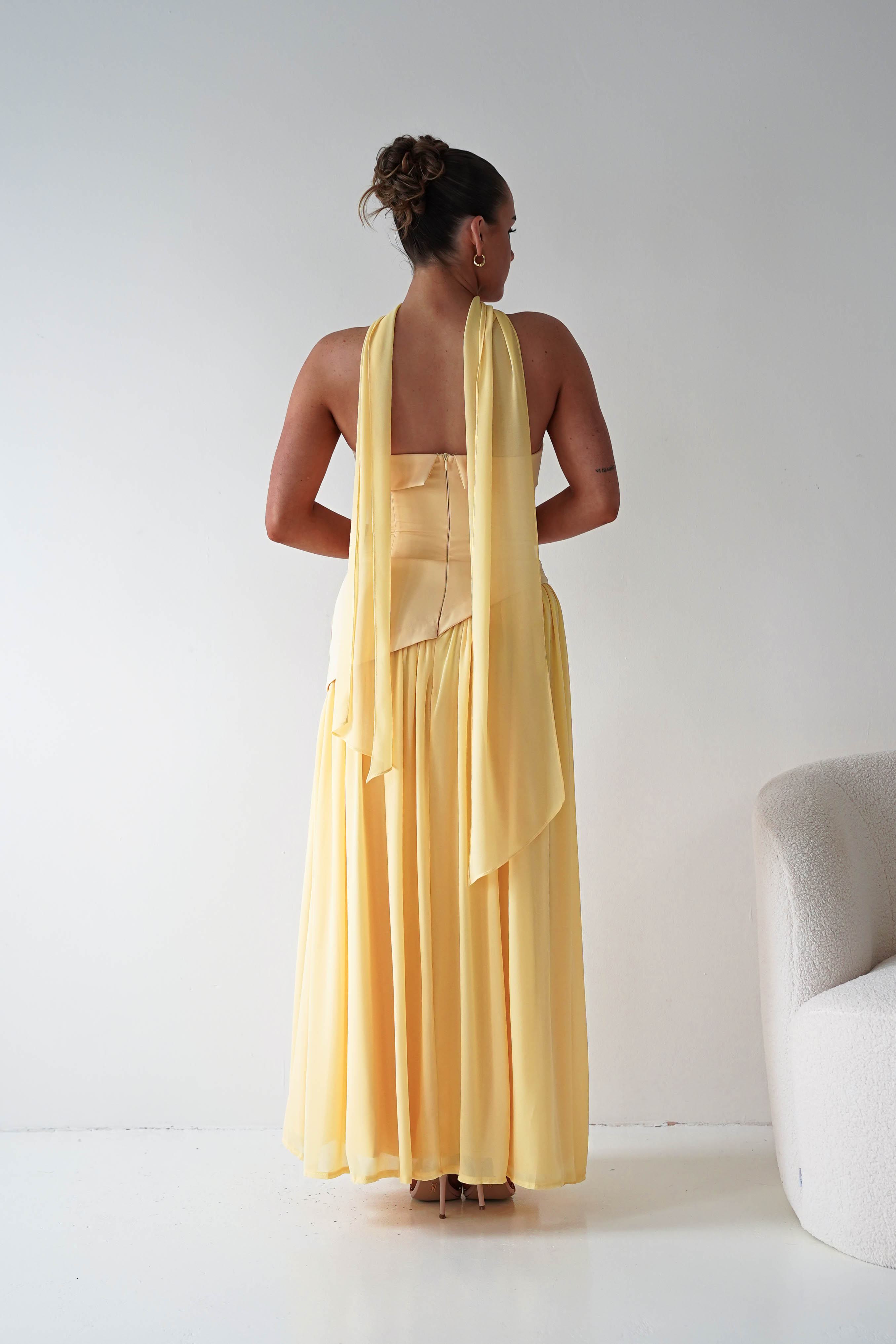 Oh Hello Clothing Women > Clothing > Dresses 1*DONE-64852J02- Butter Yellow Draped Strapless Maxi Dress with Scarf