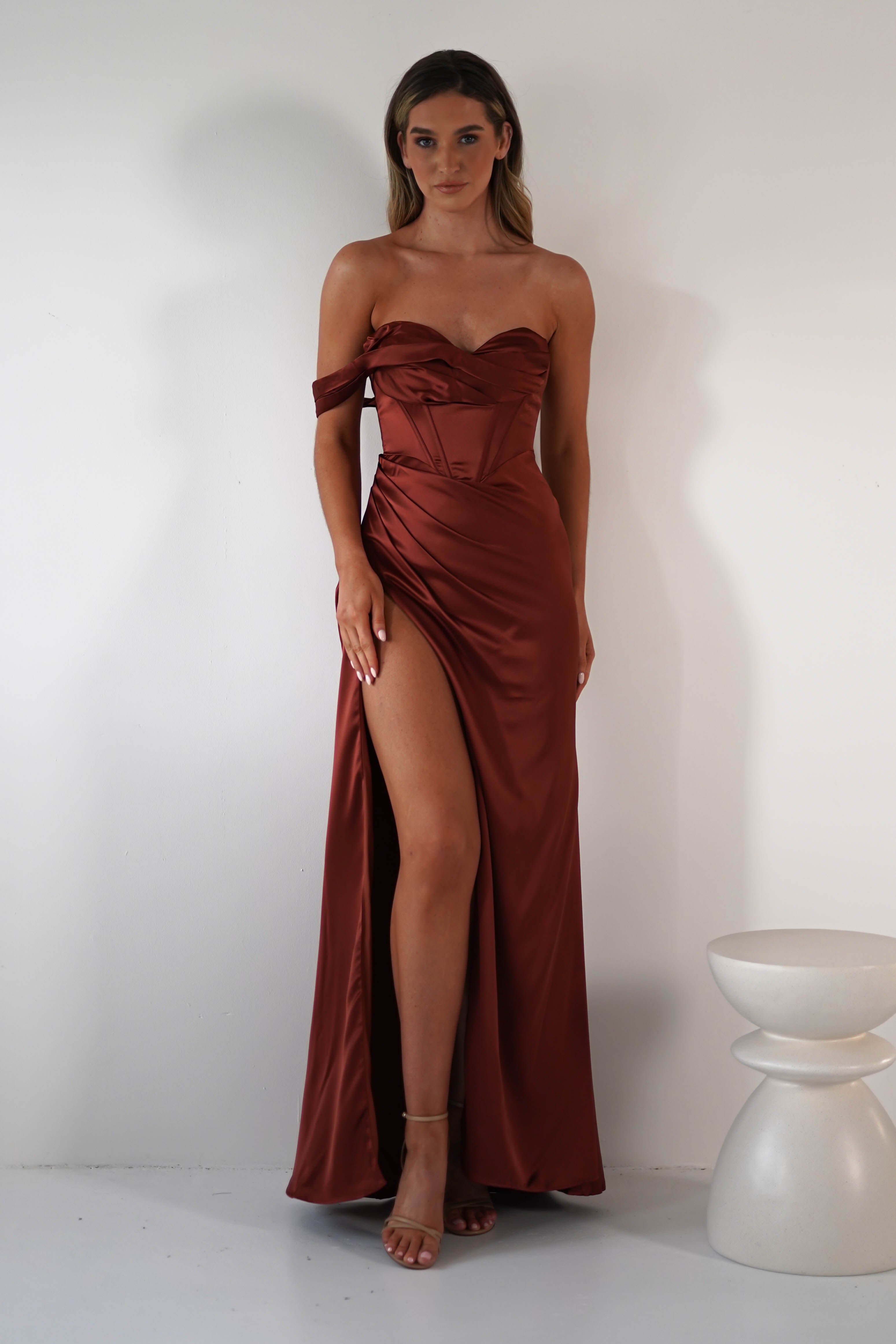 Nicolette Soft Satin Maxi Gown | Rust | Debs & Prom | Formal Gown | Oh Hello Clothing