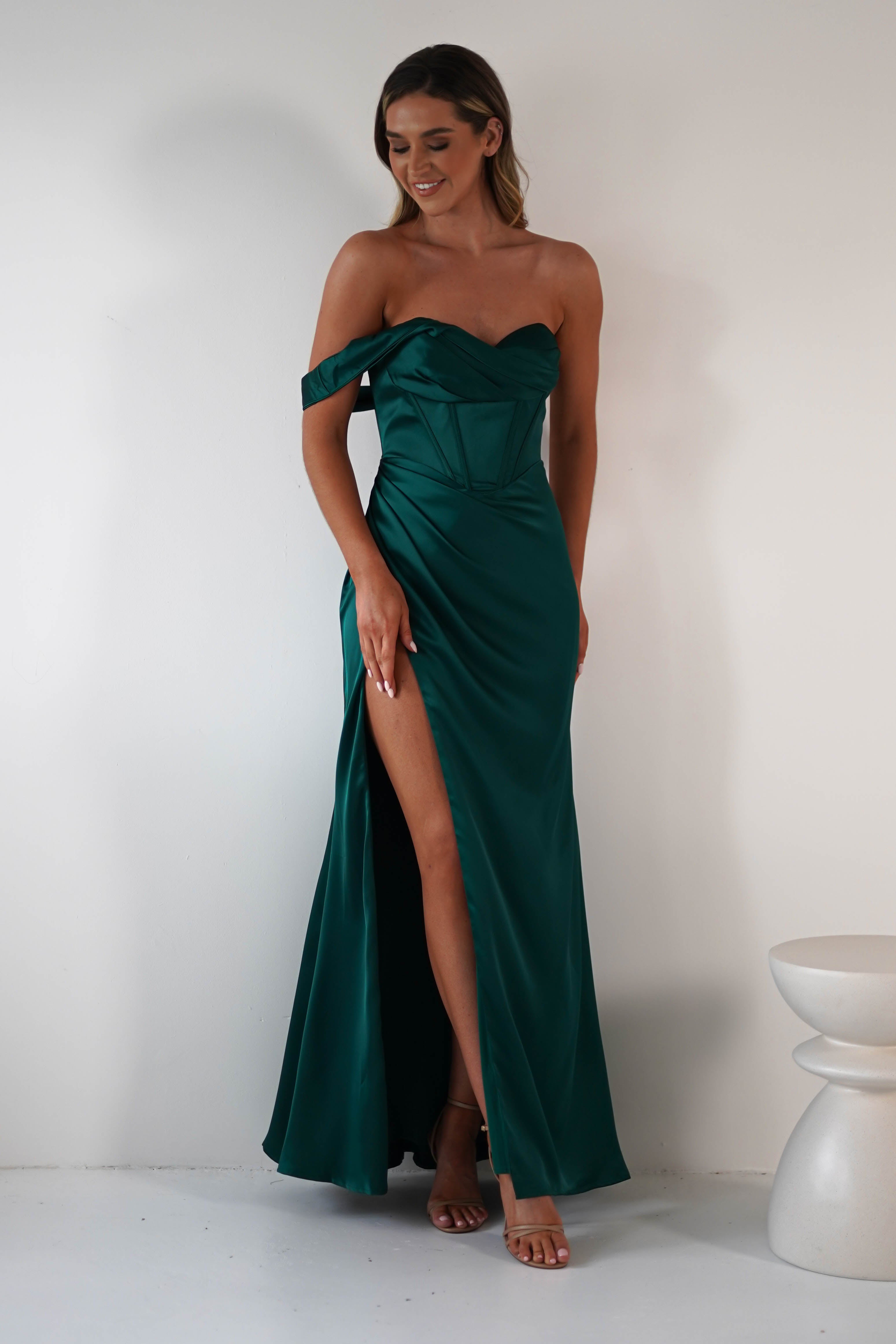 Nicolette Soft Satin Maxi Gown | Emerald Green | Debs & Prom | Formal Gown | Oh Hello Clothing