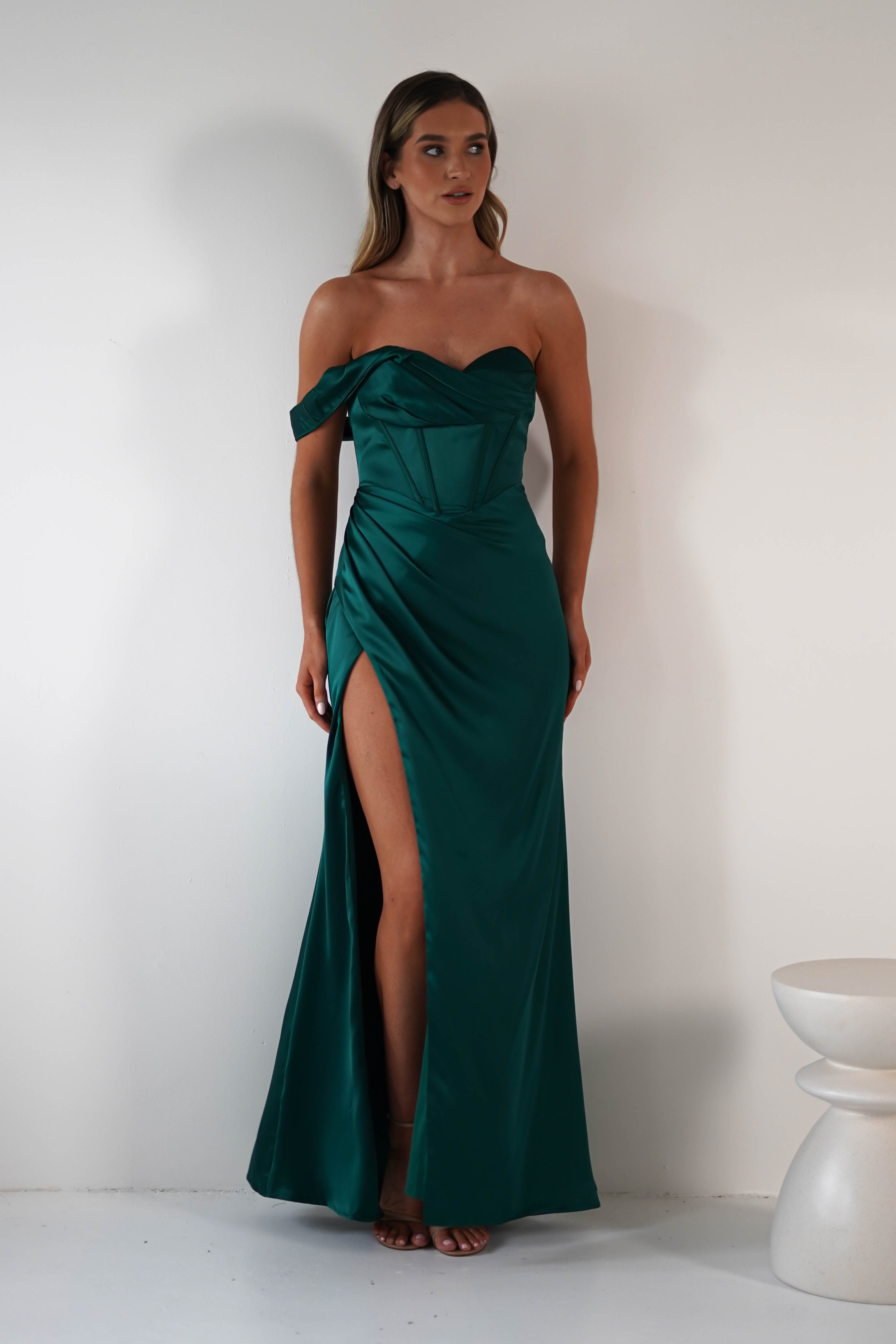 Nicolette Soft Satin Maxi Gown | Emerald Green | Debs & Prom | Formal Gown | Oh Hello Clothing
