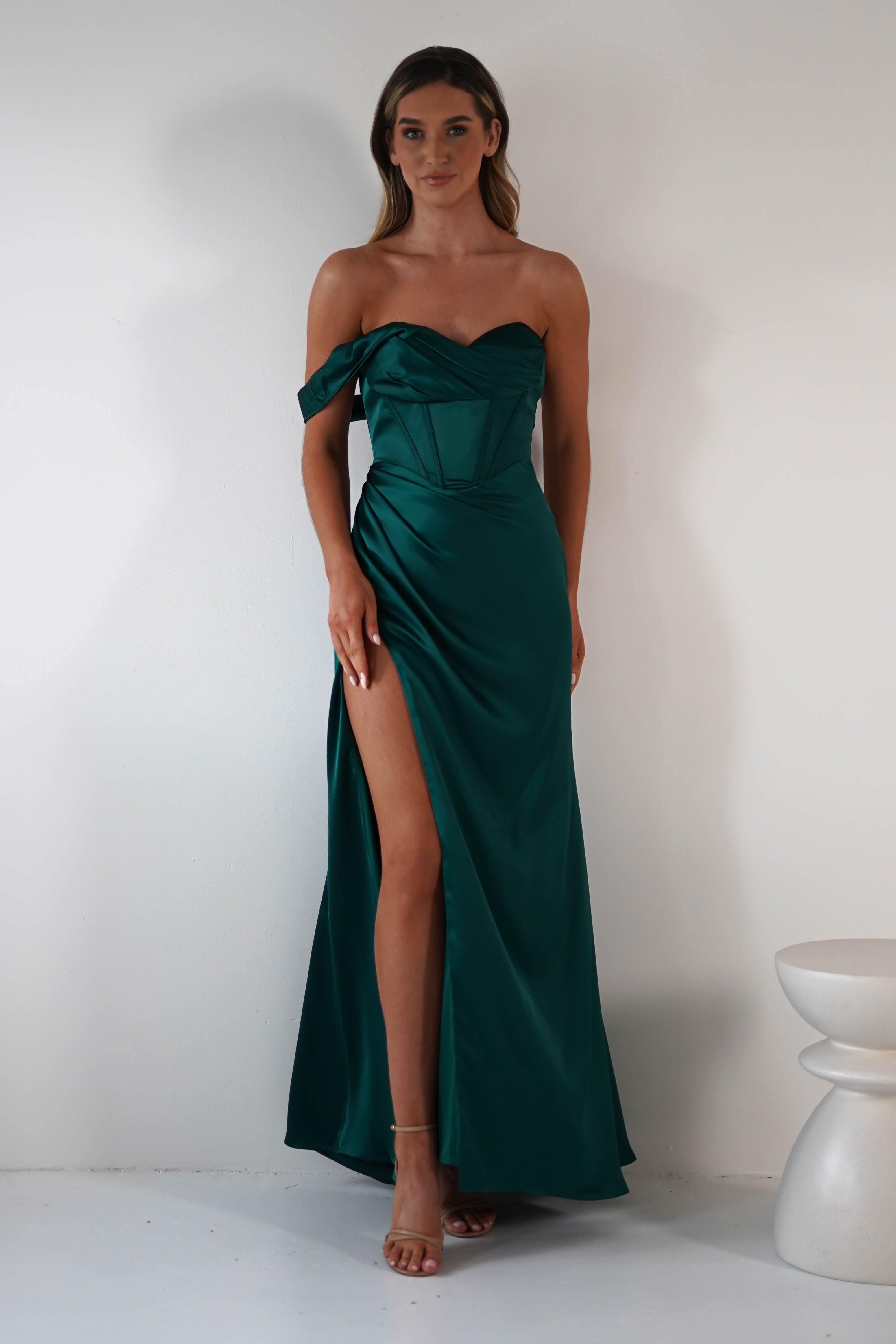 Nicolette Soft Satin Maxi Gown | Emerald Green | Debs & Prom | Formal Gown | Oh Hello Clothing