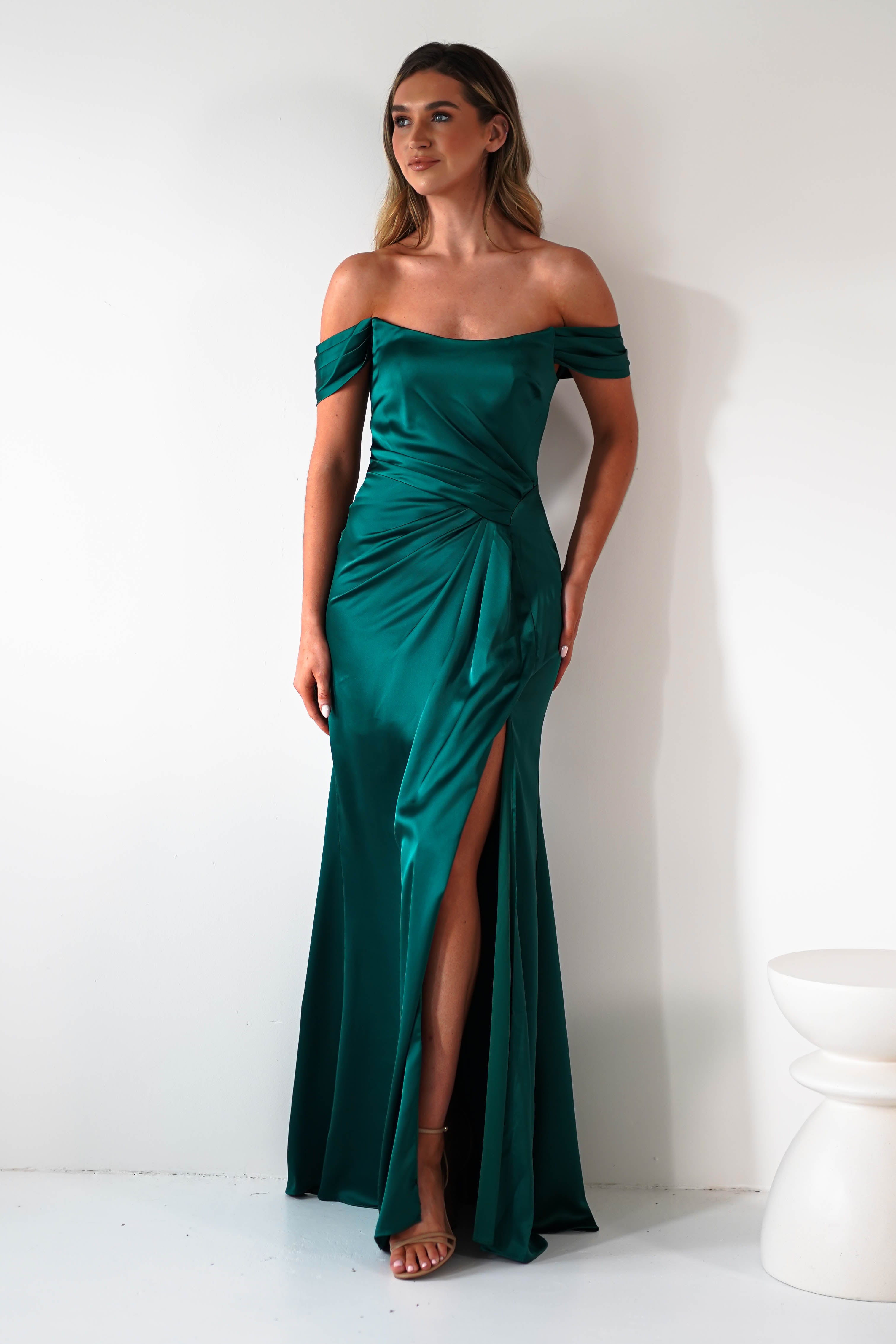 Jessi Soft Saton Maxi Gown | Emerald Green | Debs & Prom | Formal Gown | Oh Hello Clothing
