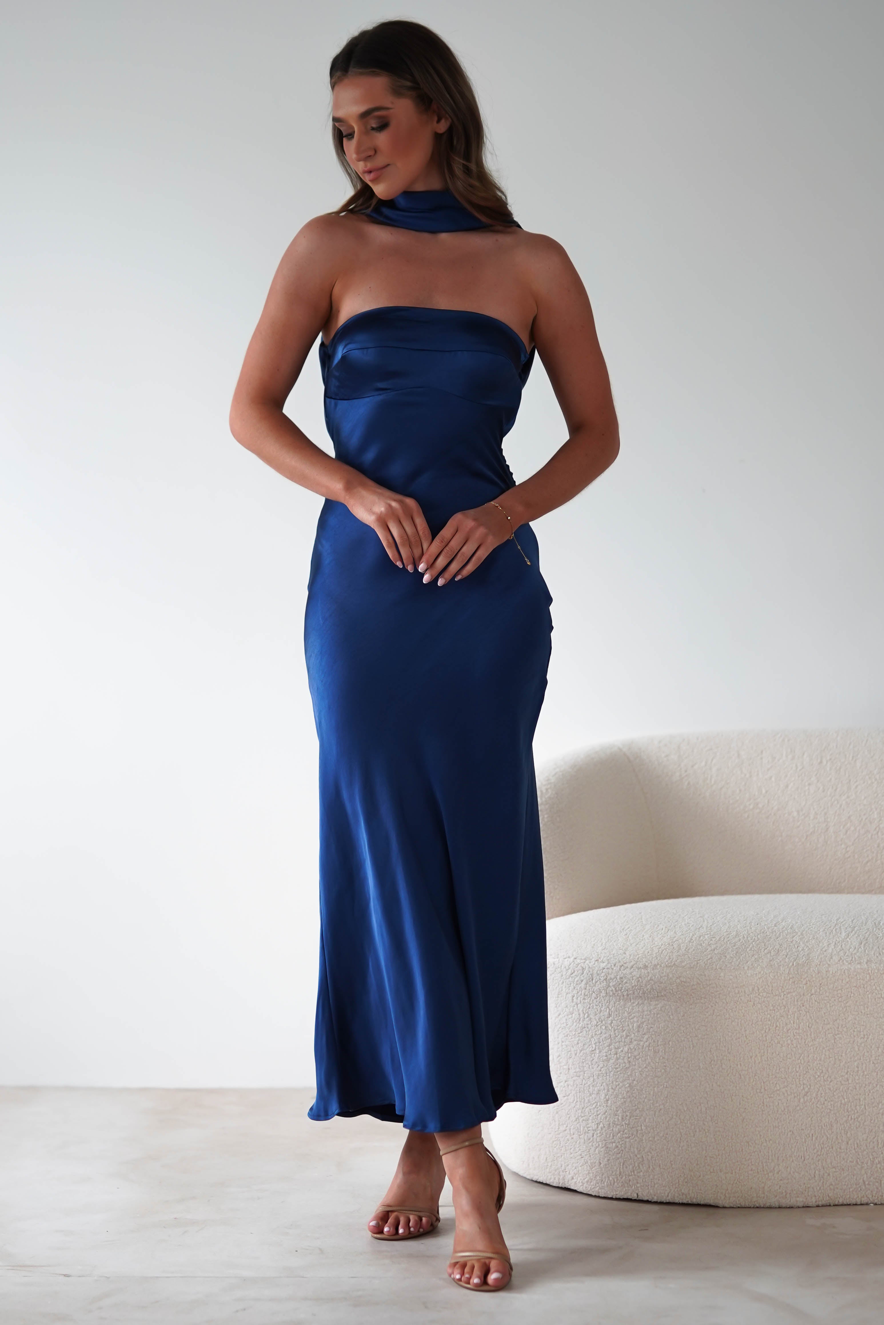 Alice Soft Satin Maxi Dress Navy | Wedding Guest Dress | Maxi | Satin | Oh Hello Clothing