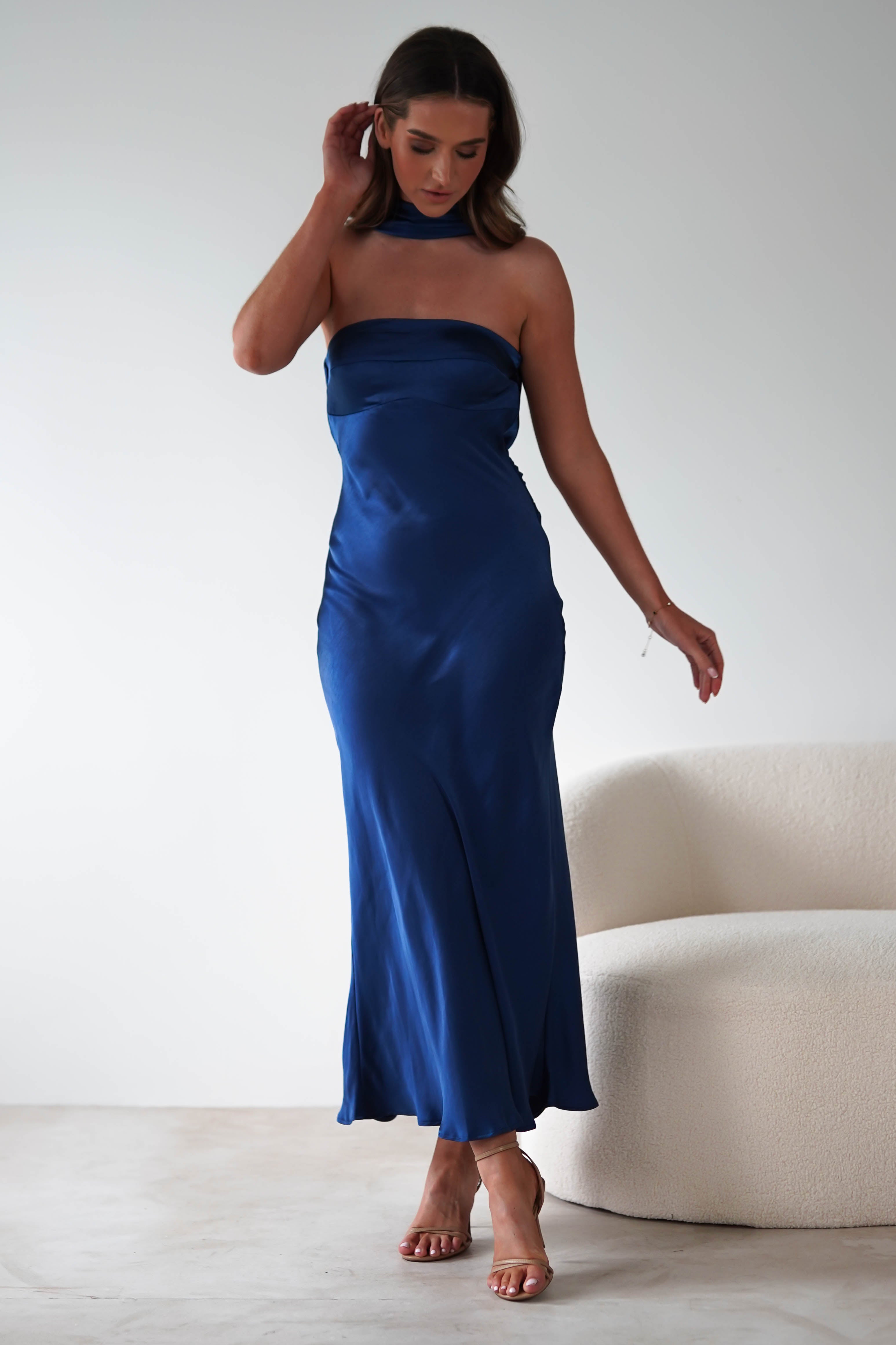 Alice Soft Satin Maxi Dress Navy | Wedding Guest Dress | Maxi | Satin | Oh Hello Clothing