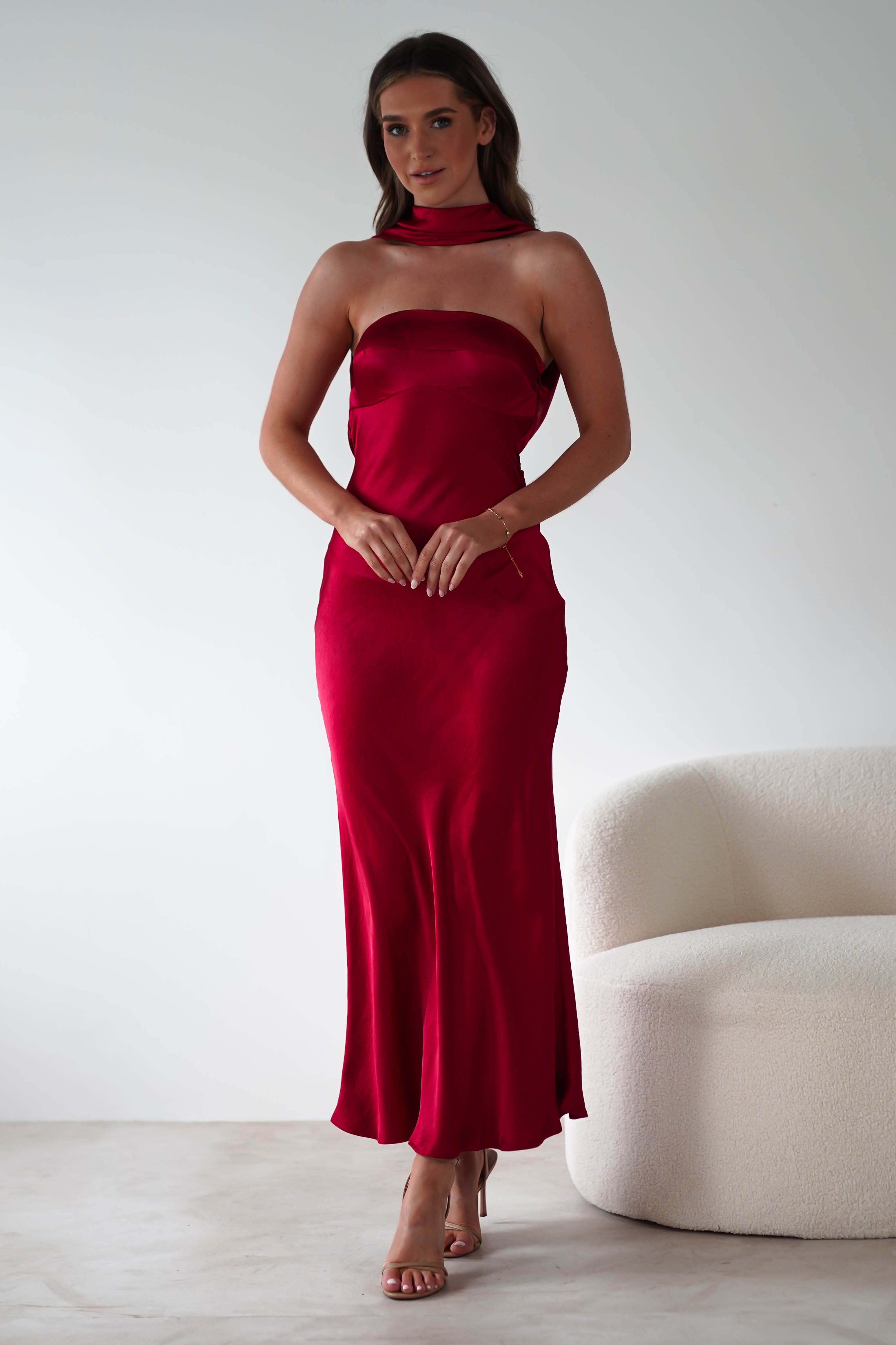 Alice Soft Satin Maxi Dress Dark Red | Wedding Guest Dress | Maxi | Satin | Oh Hello Clothing