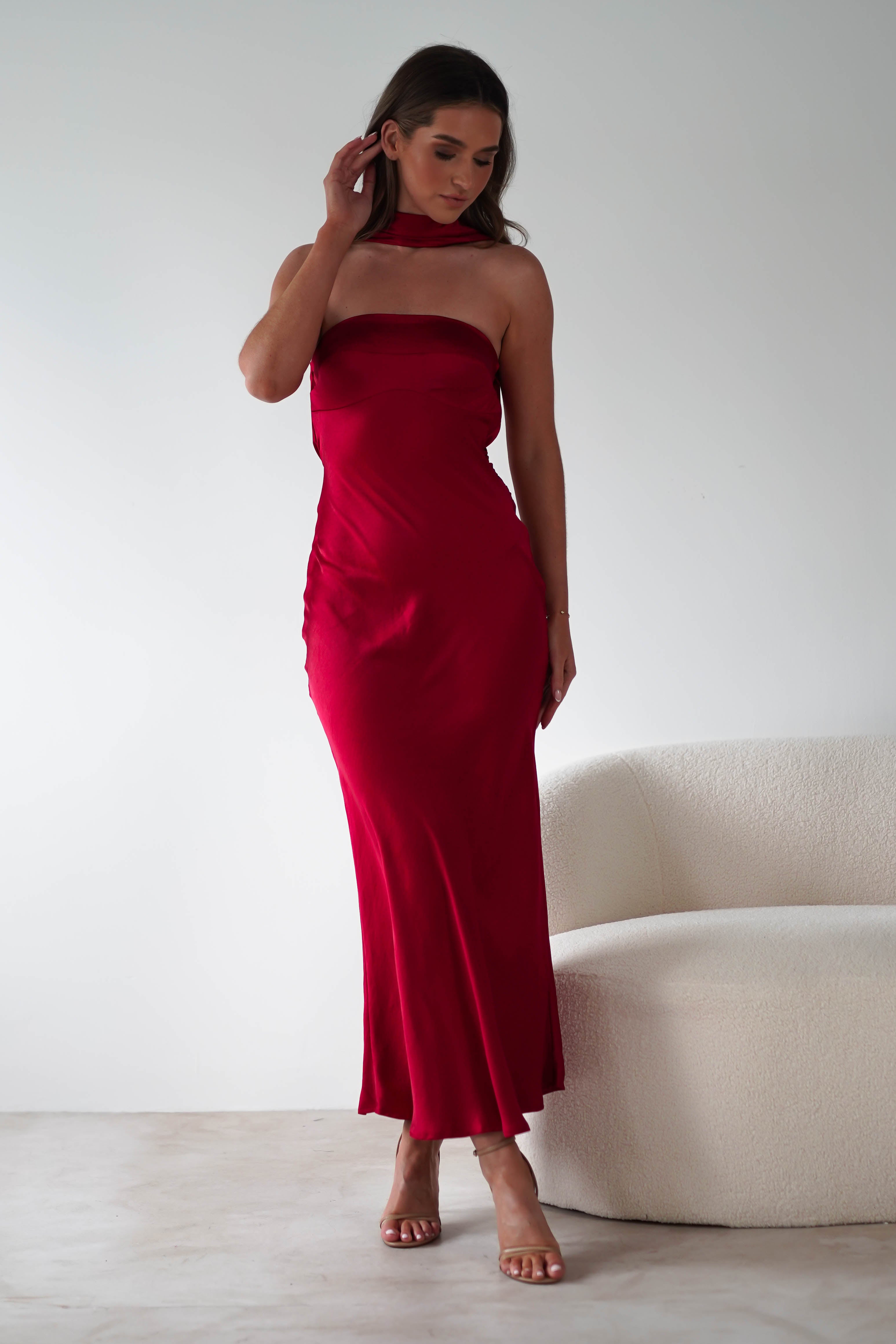 Alice Soft Satin Maxi Dress Dark Red | Wedding Guest Dress | Maxi | Satin | Oh Hello Clothing