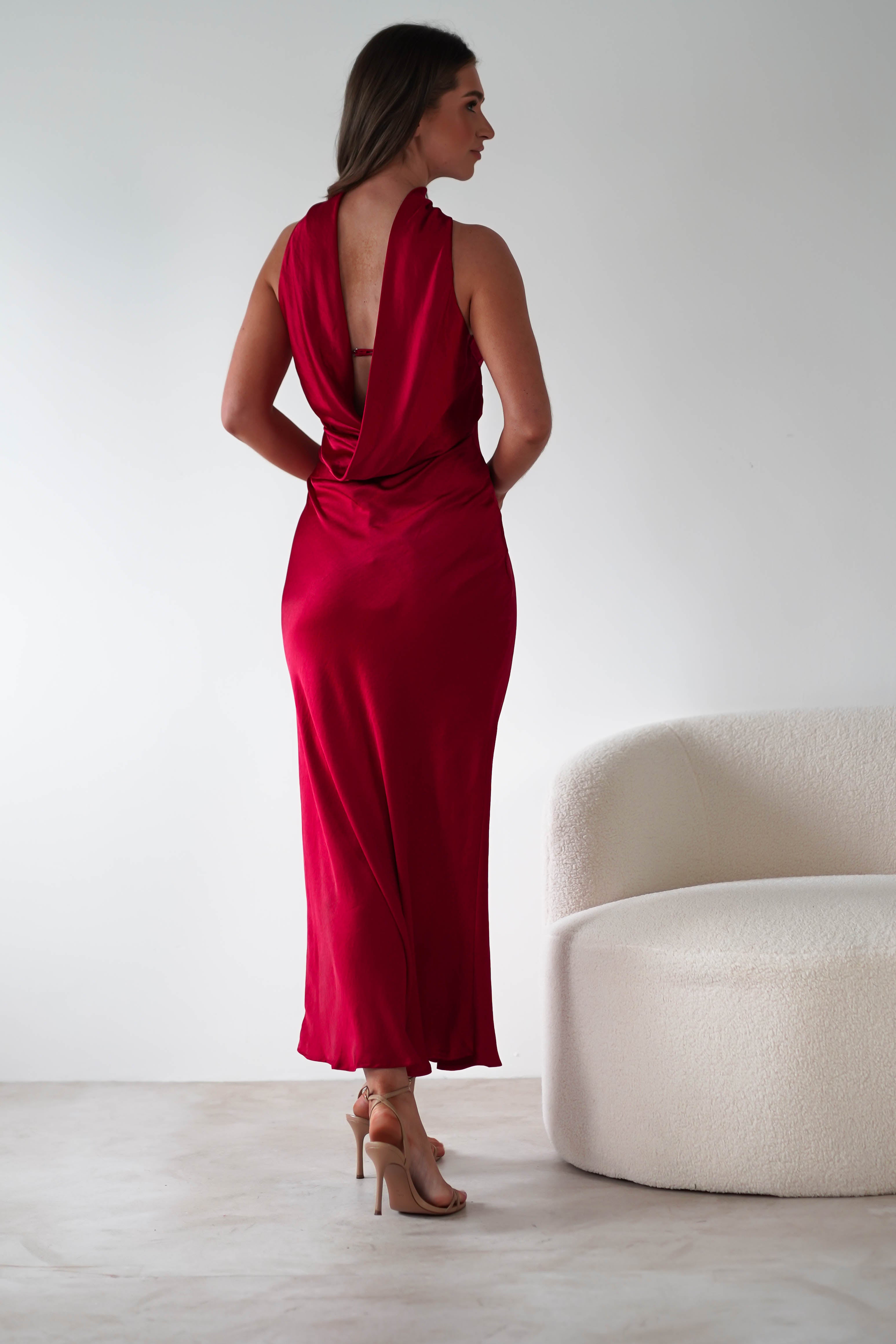 Alice Soft Satin Maxi Dress Dark Red | Wedding Guest Dress | Maxi | Satin | Oh Hello Clothing