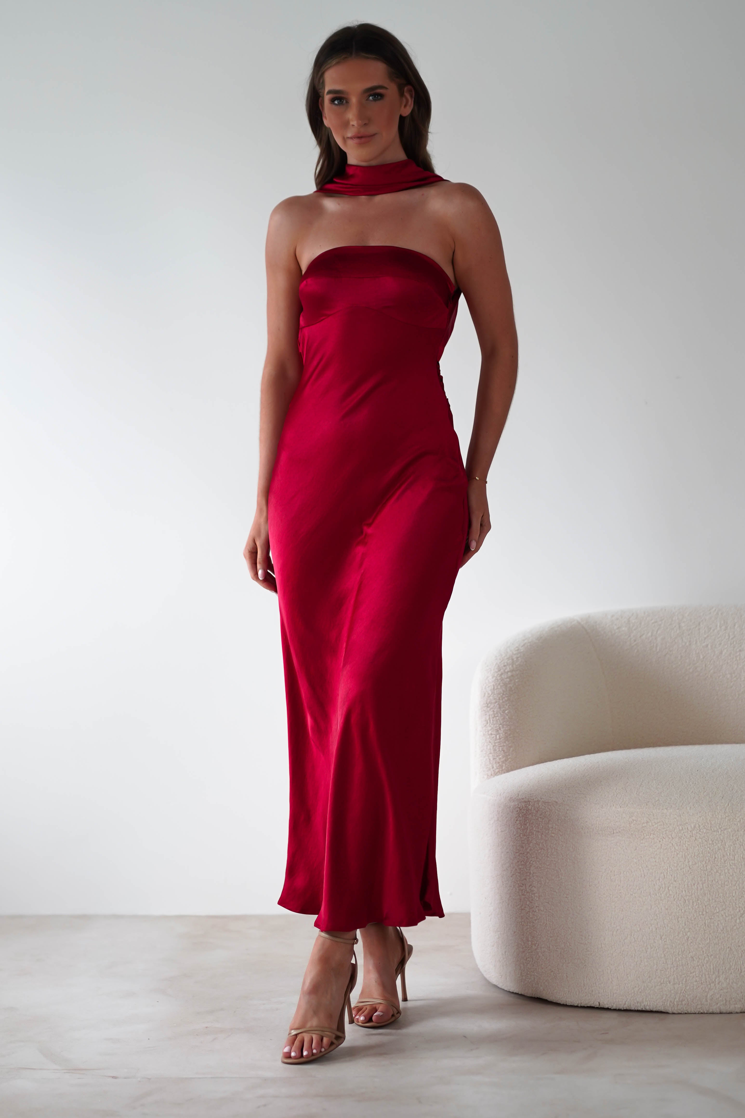 Alice Soft Satin Maxi Dress Dark Red | Wedding Guest Dress | Maxi | Satin | Oh Hello Clothing