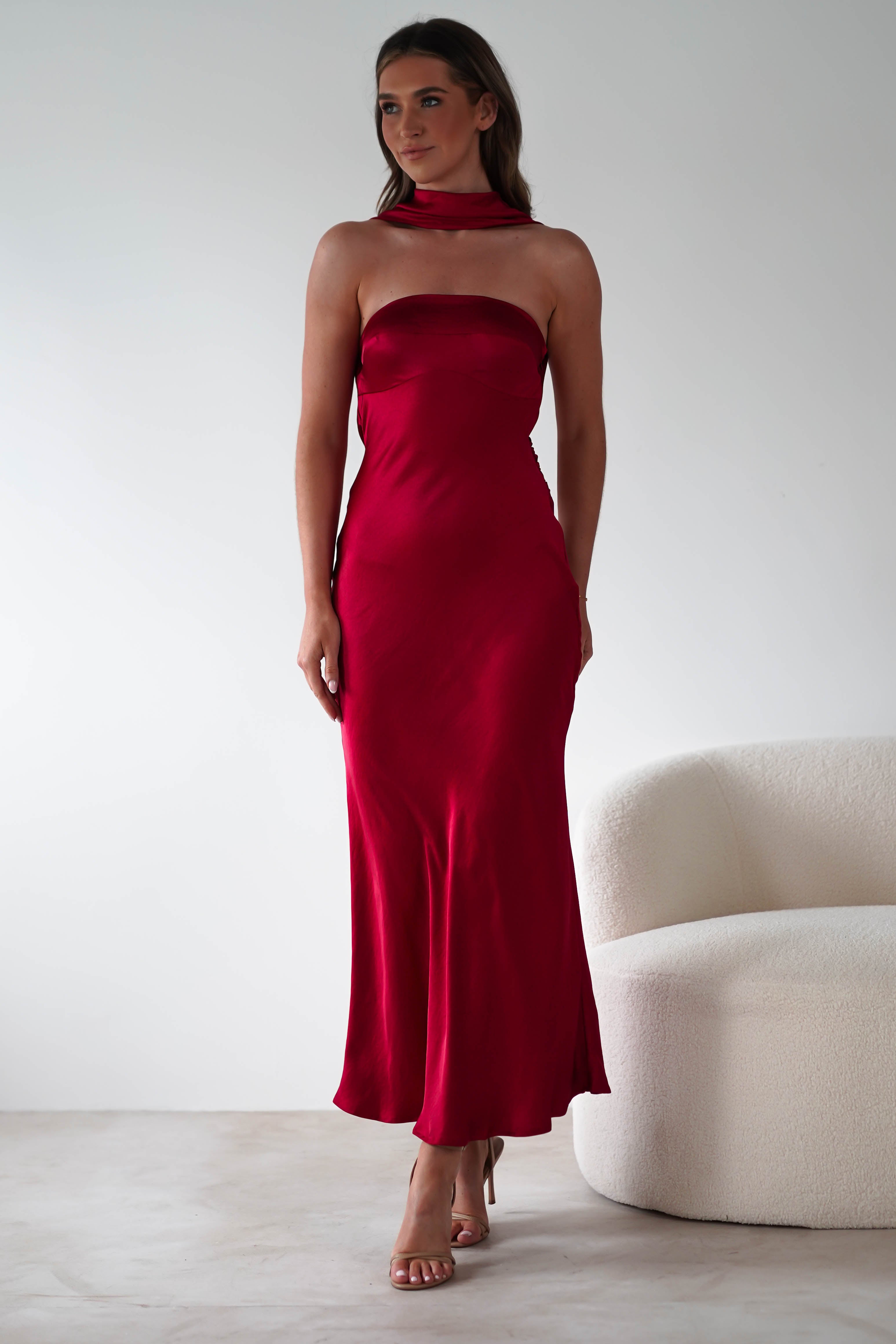 Alice Soft Satin Maxi Dress Dark Red | Wedding Guest Dress | Maxi | Satin | Oh Hello Clothing