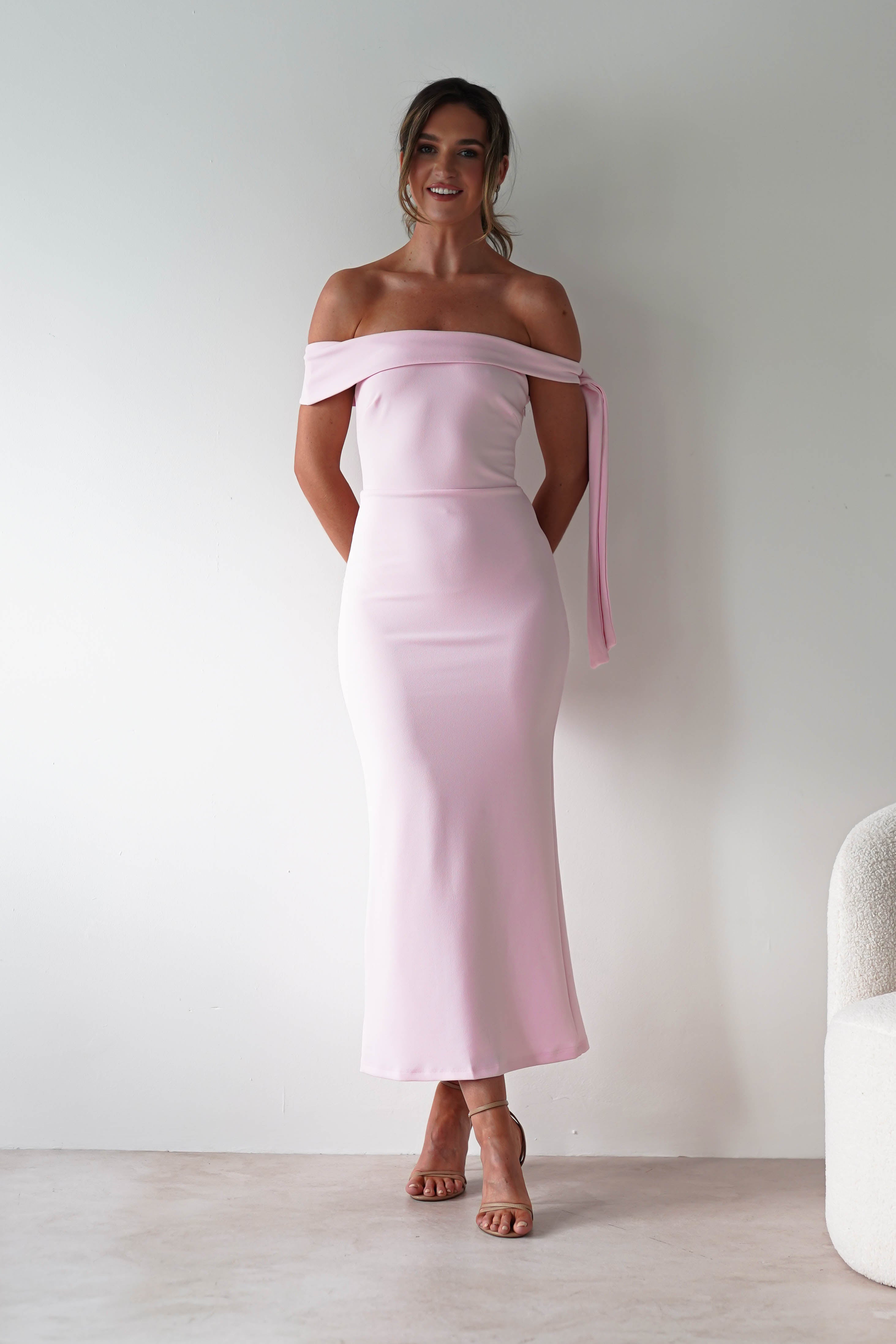 Amalthea Off the Shoulder Midaxi Pink | Wedding Guest Dress | Off Shoulder | Oh Hello Clothing
