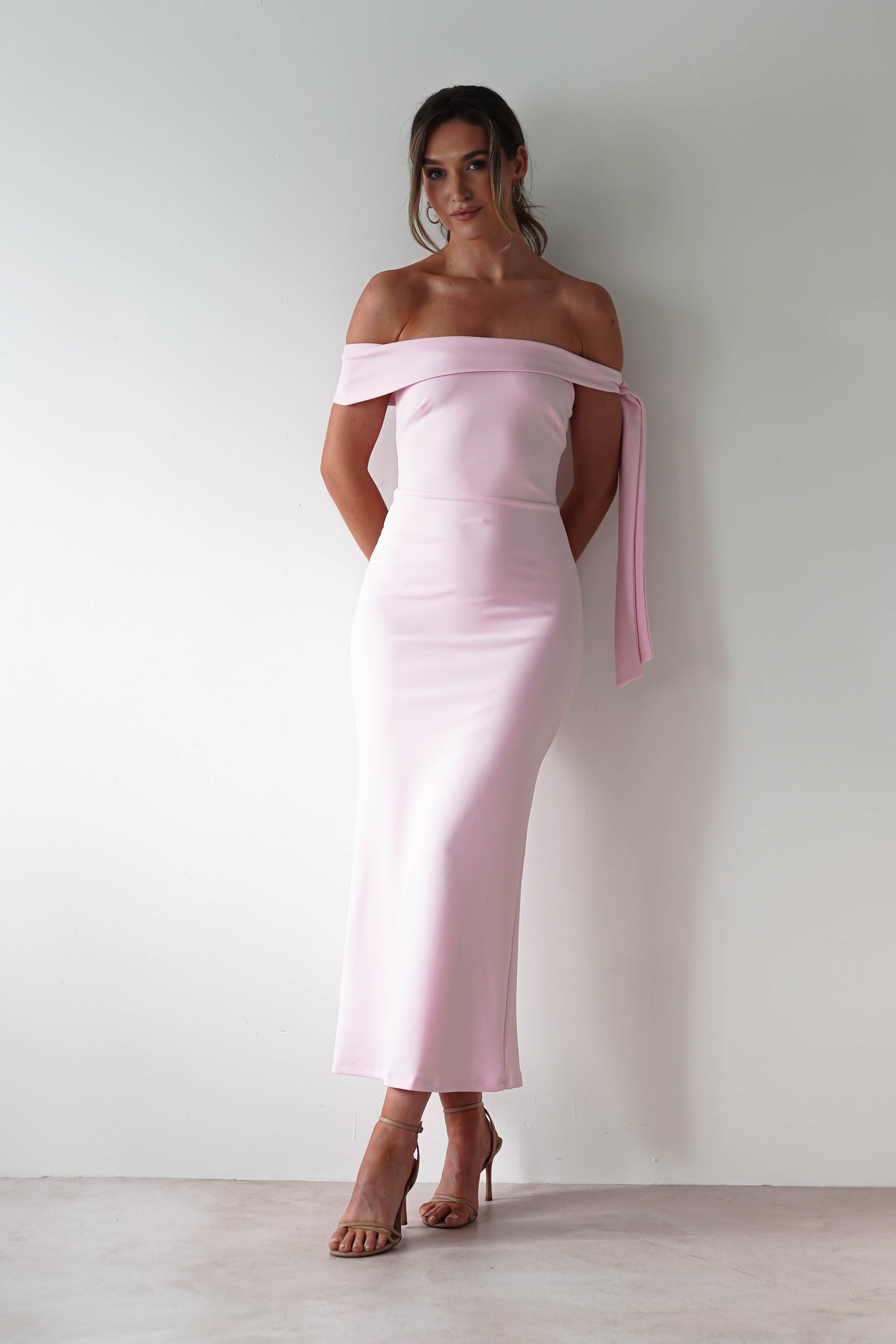 Amalthea Off the Shoulder Midaxi Pink | Wedding Guest Dress | Off Shoulder | Oh Hello Clothing