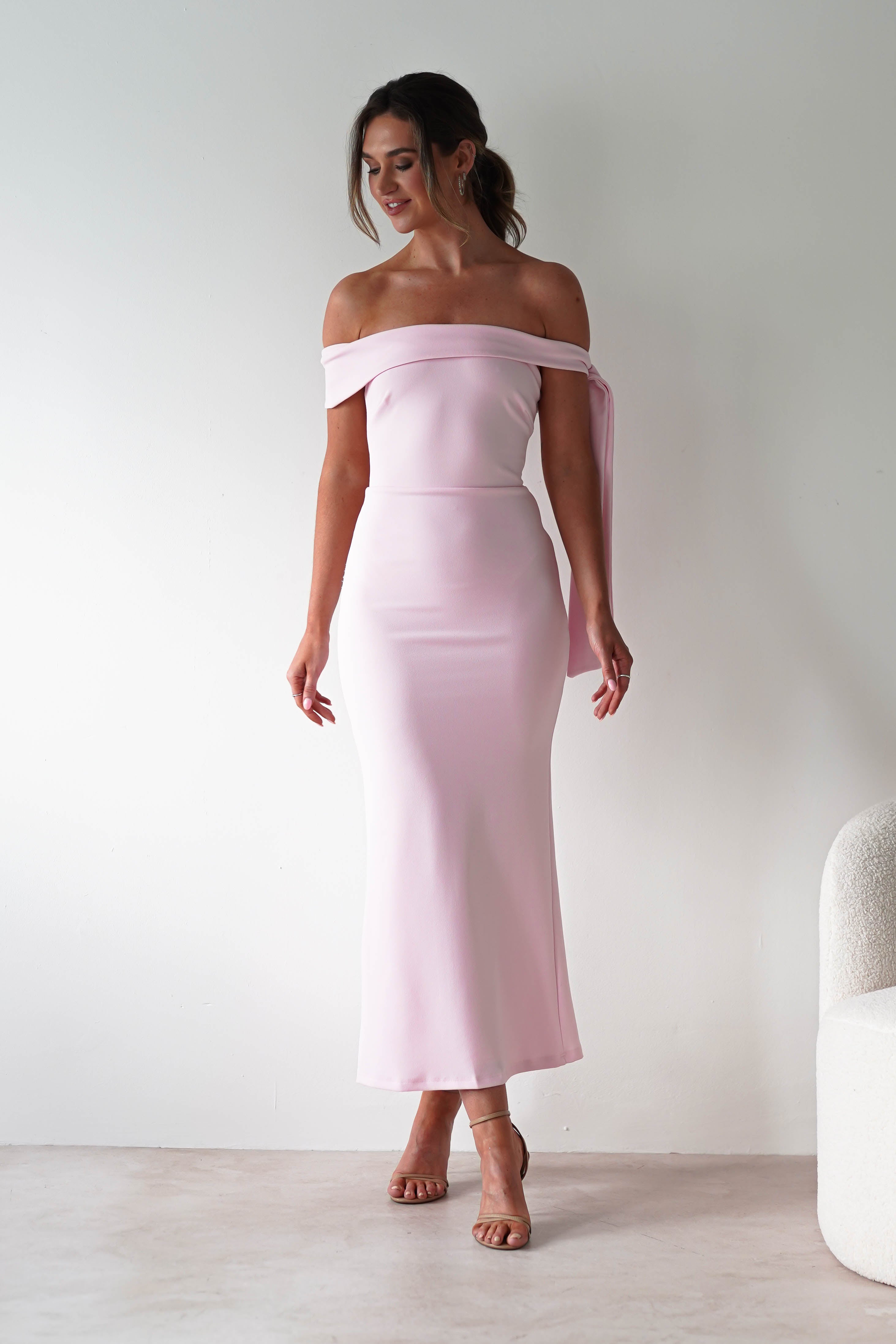 Amalthea Off the Shoulder Midaxi Pink | Wedding Guest Dress | Off Shoulder | Oh Hello Clothing
