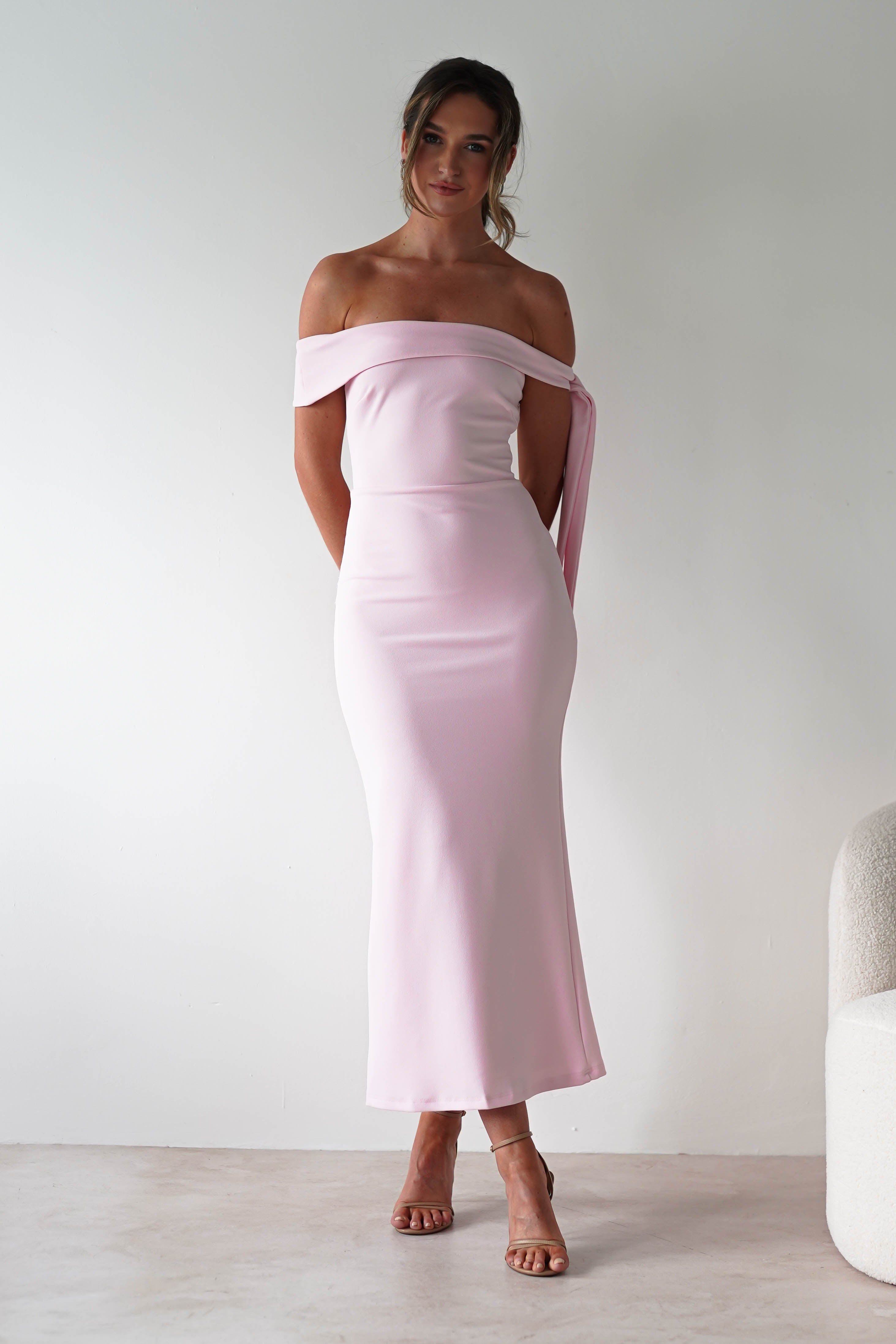 Amalthea Off the Shoulder Midaxi Pink | Wedding Guest Dress | Off Shoulder | Oh Hello Clothing