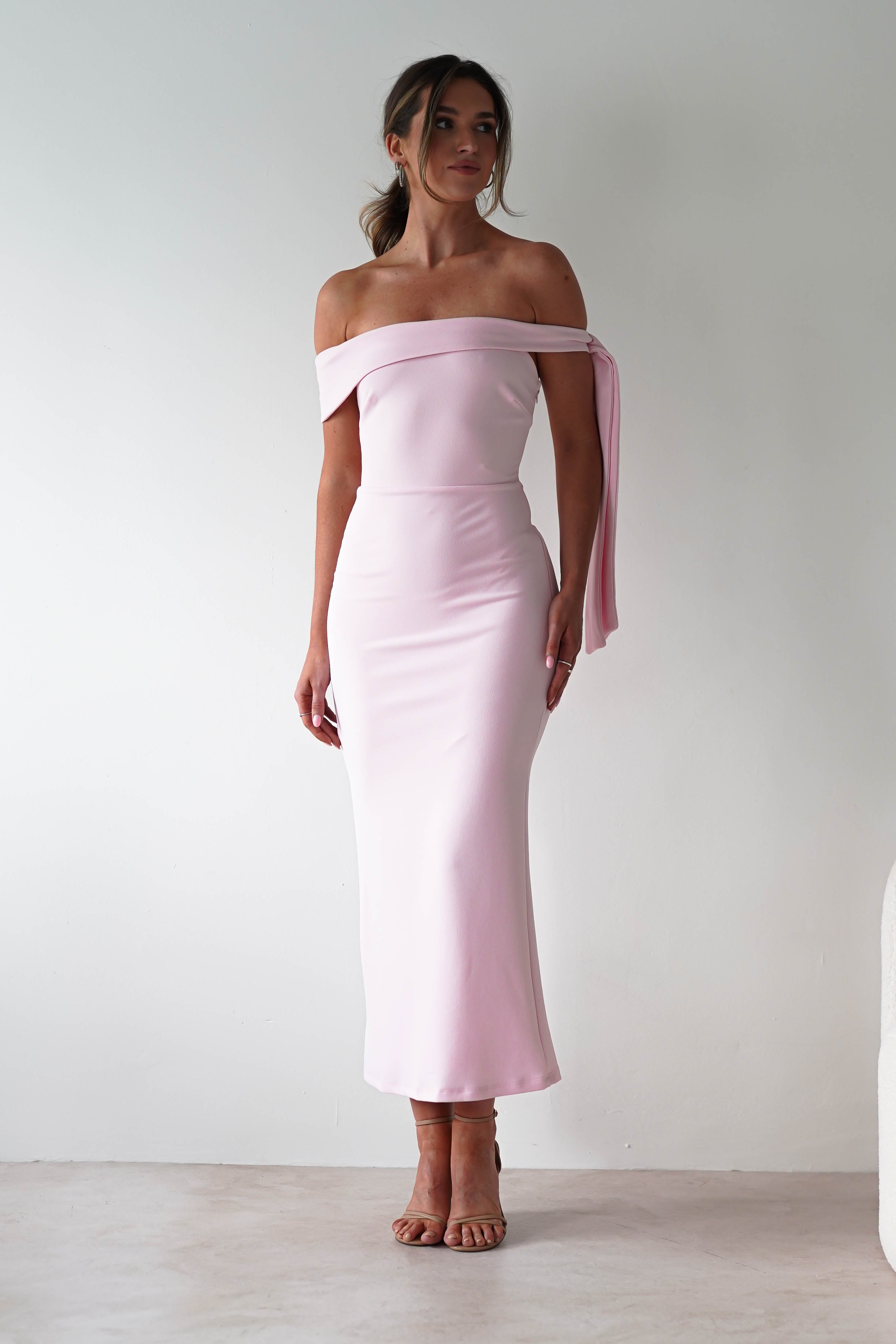Amalthea Off the Shoulder Midaxi Pink | Wedding Guest Dress | Off Shoulder | Oh Hello Clothing