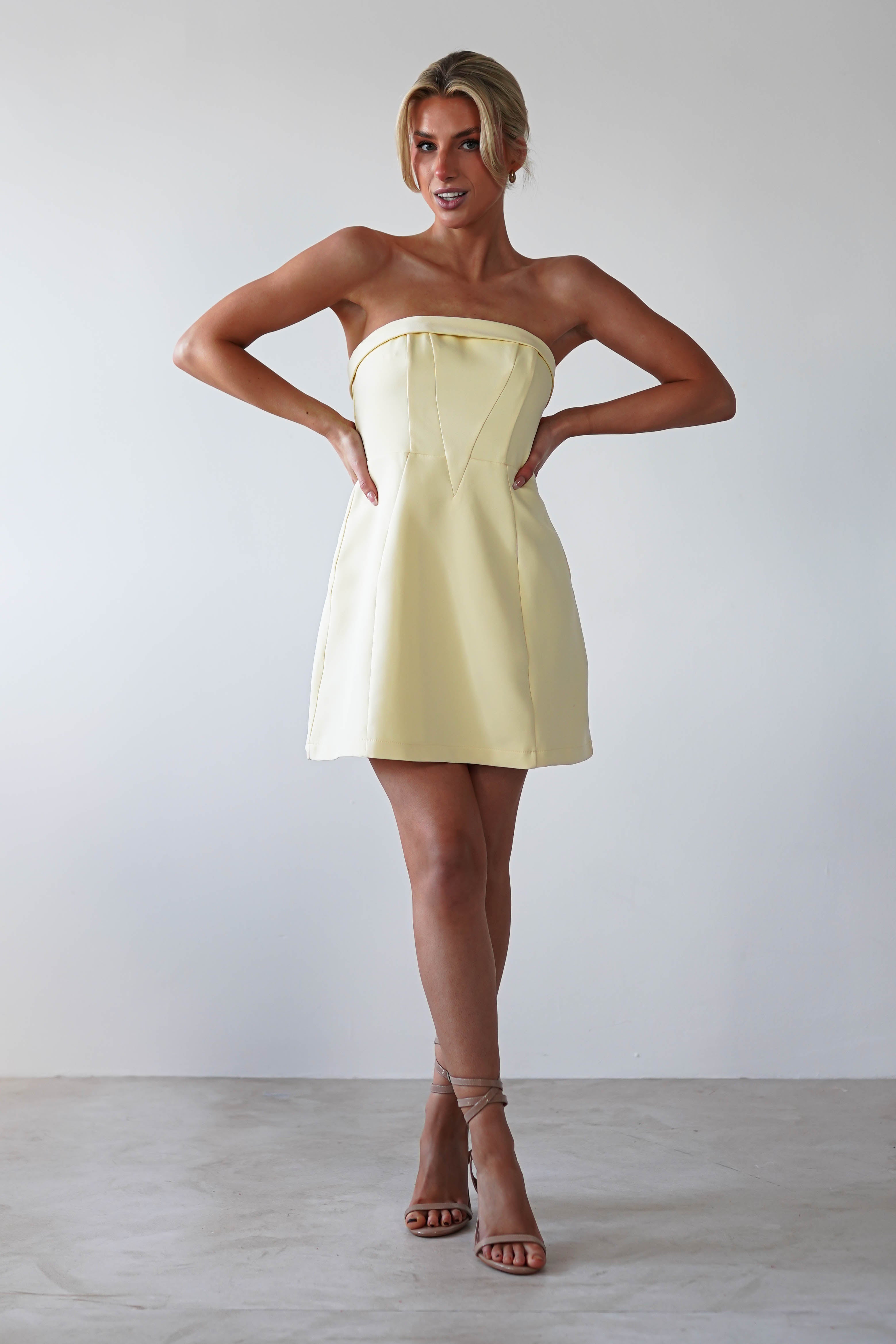 Angelica Structured Mini Dress Yellow | Wedding Guest Dress | Oh Hello Clothing