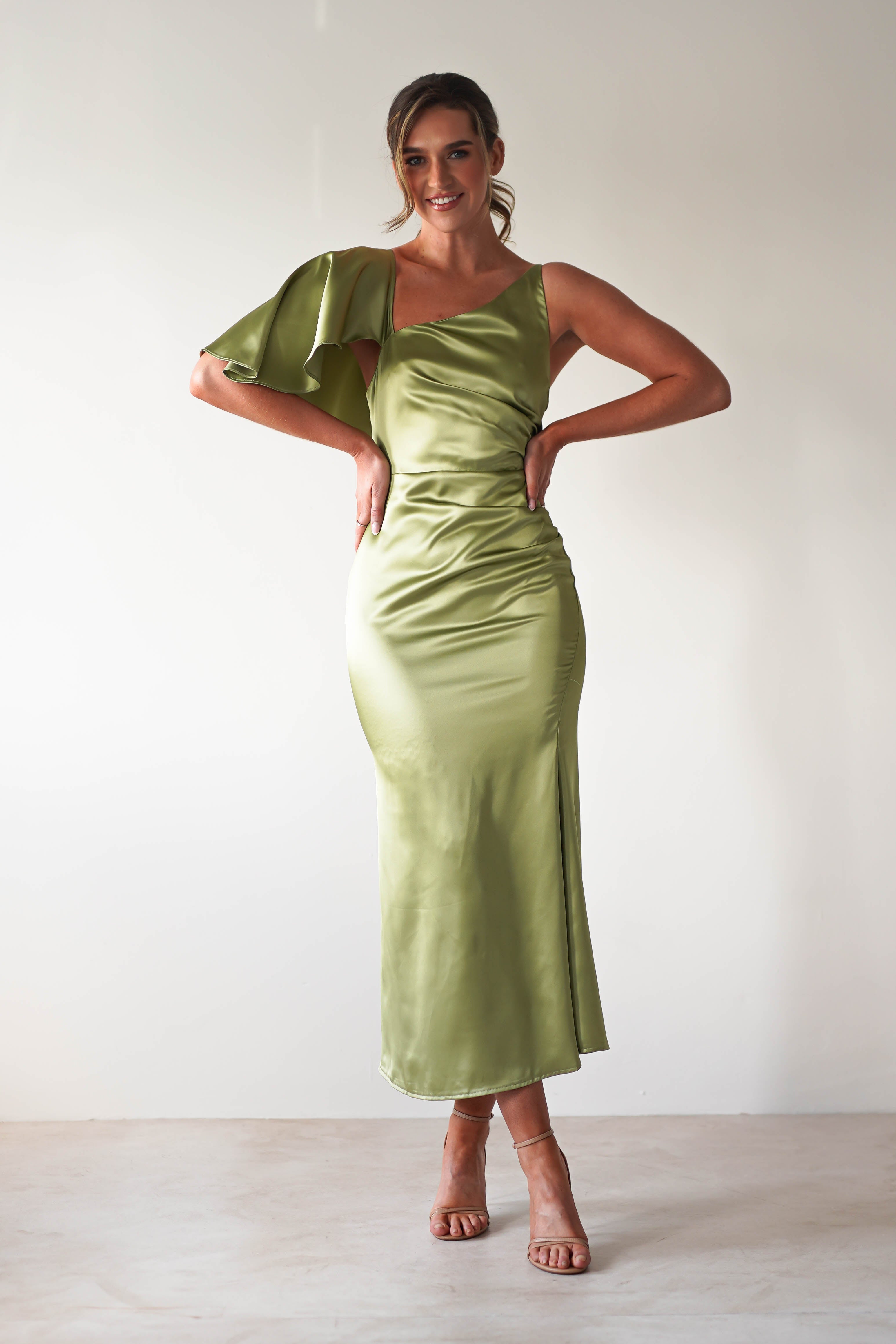 Esme Satin Midaxi Dress Lime Green | Wedding Guest Dress | Satin | Oh Hello Clothing