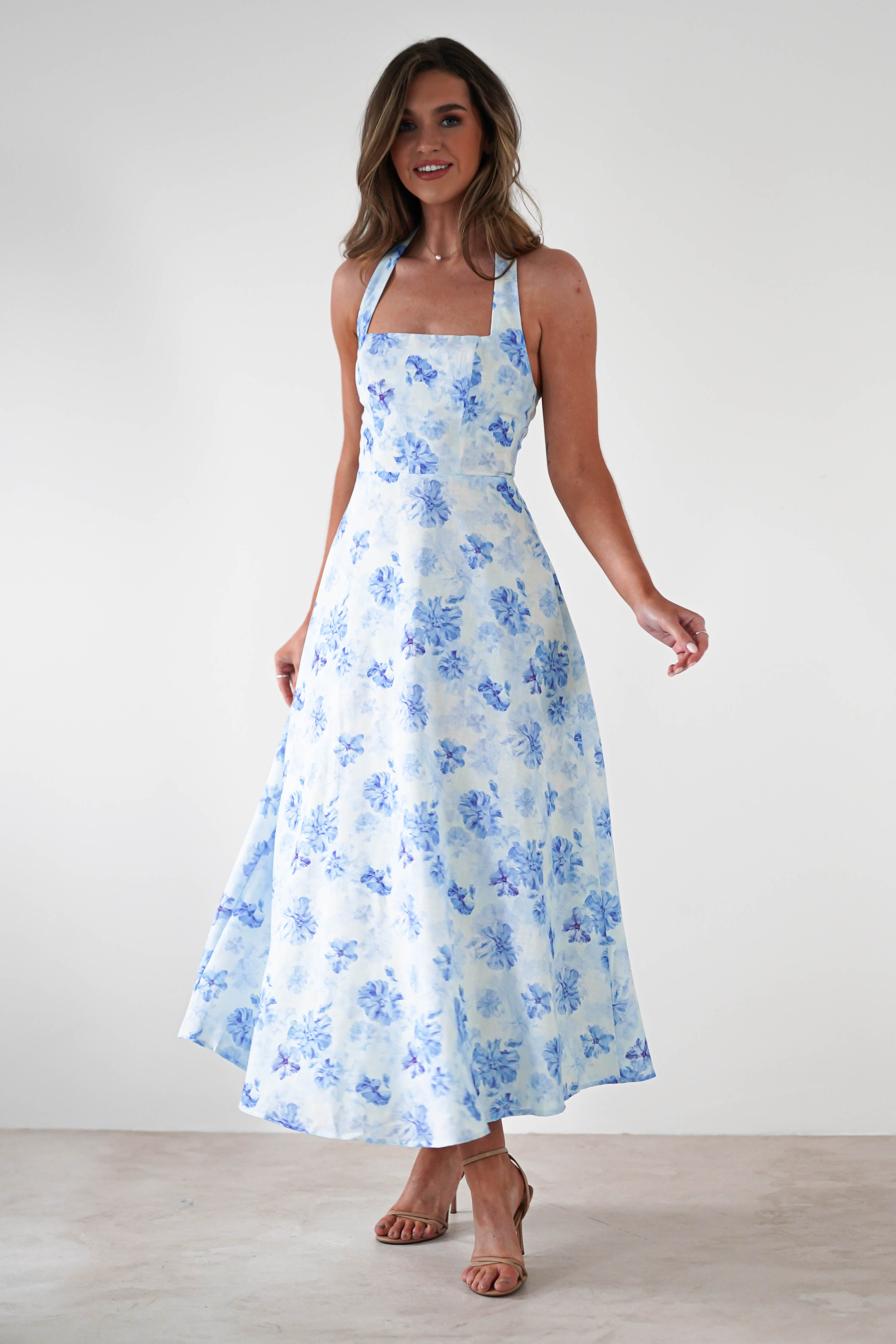 Suzette Floral Skater Maxi Dress Blue/White | Wedding Guest Dress | Maxi | Skater | Oh Hello Clothing