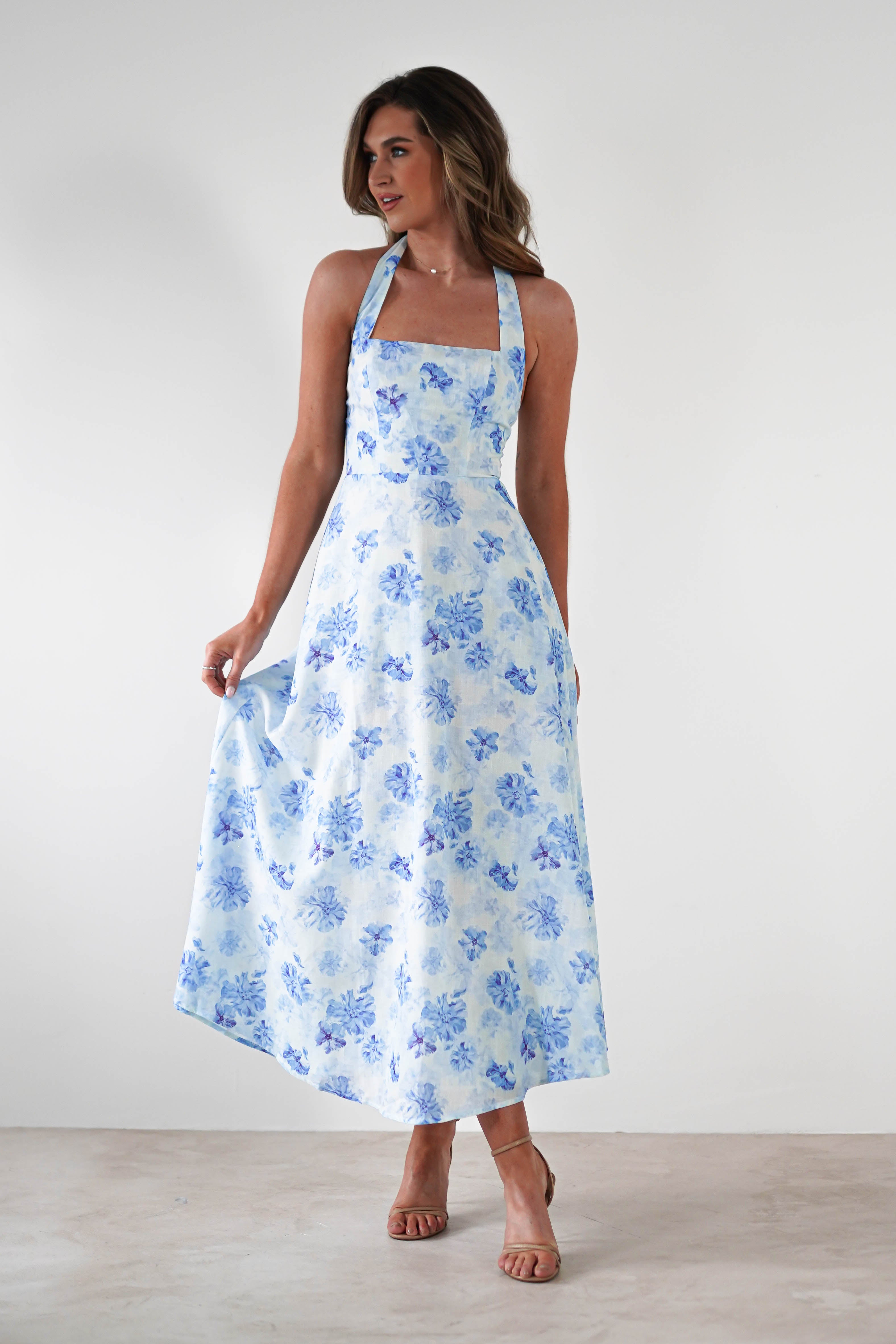 Suzette Floral Skater Maxi Dress Blue/White | Wedding Guest Dress | Maxi | Skater | Oh Hello Clothing
