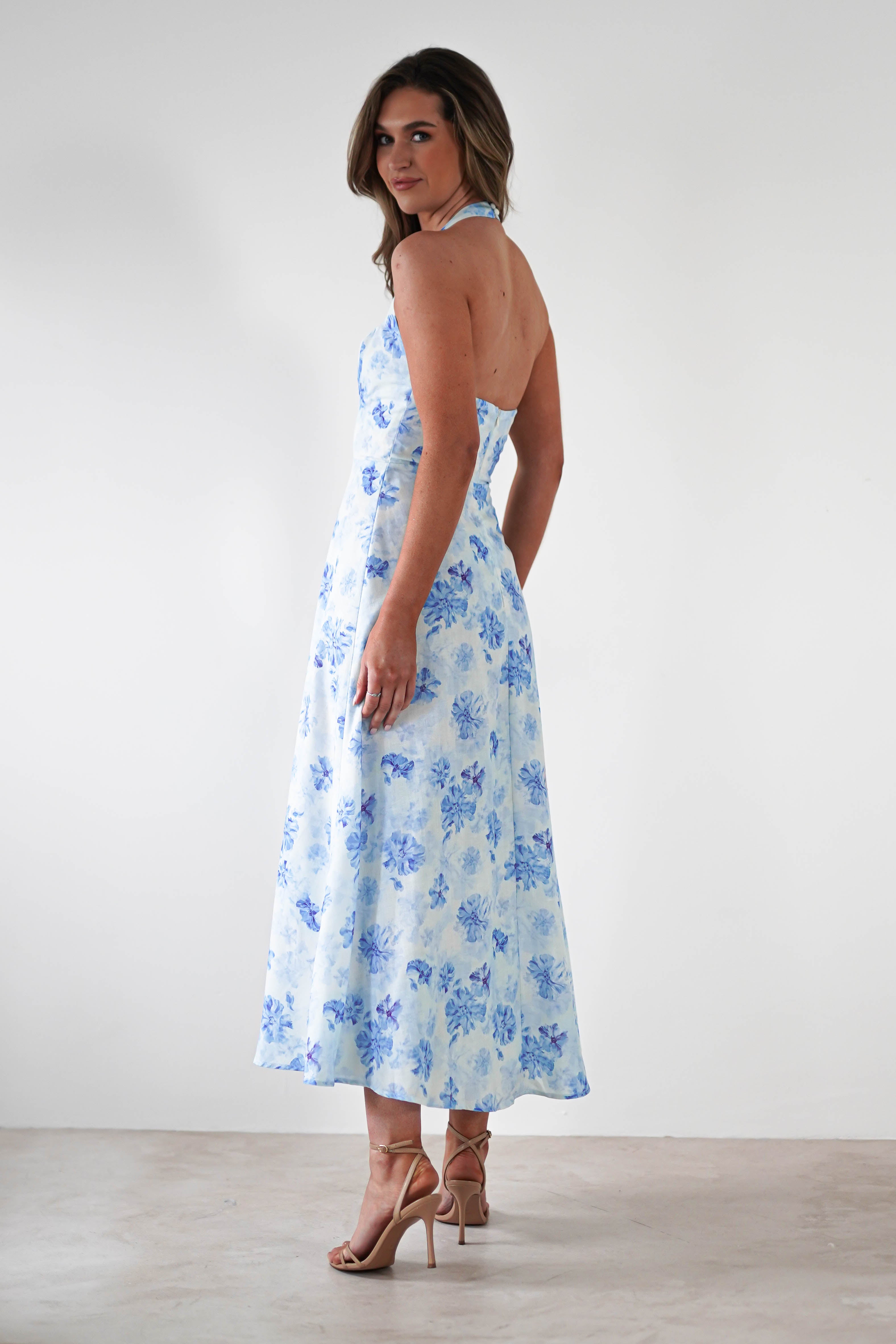 Suzette Floral Skater Maxi Dress Blue/White | Wedding Guest Dress | Maxi | Skater | Oh Hello Clothing