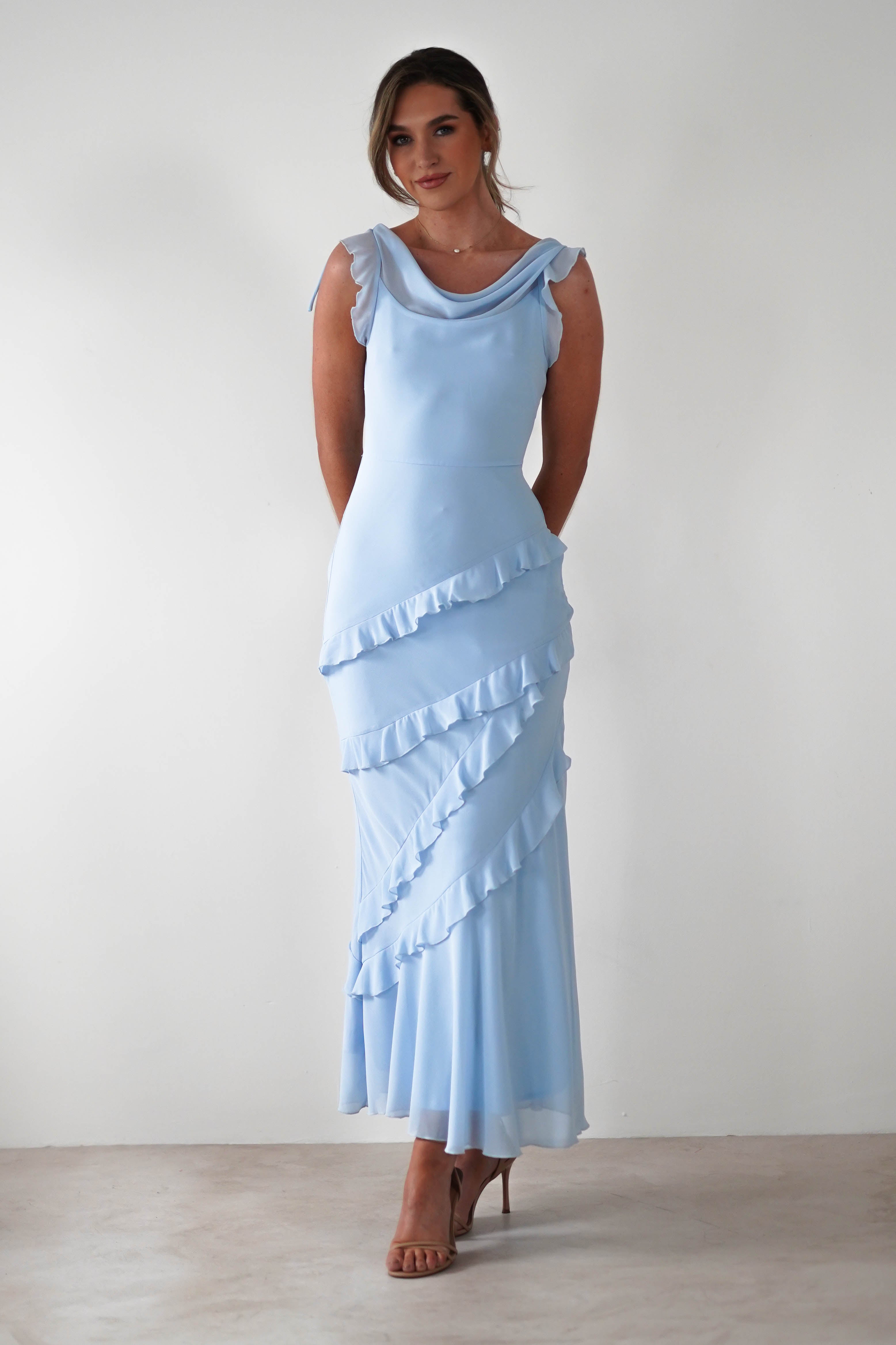 Lauretta Ruffle Chiffon Maxi Dress Blue | Wedding Guest Dress | Maxi | Chiffon | Oh Hello Clothing