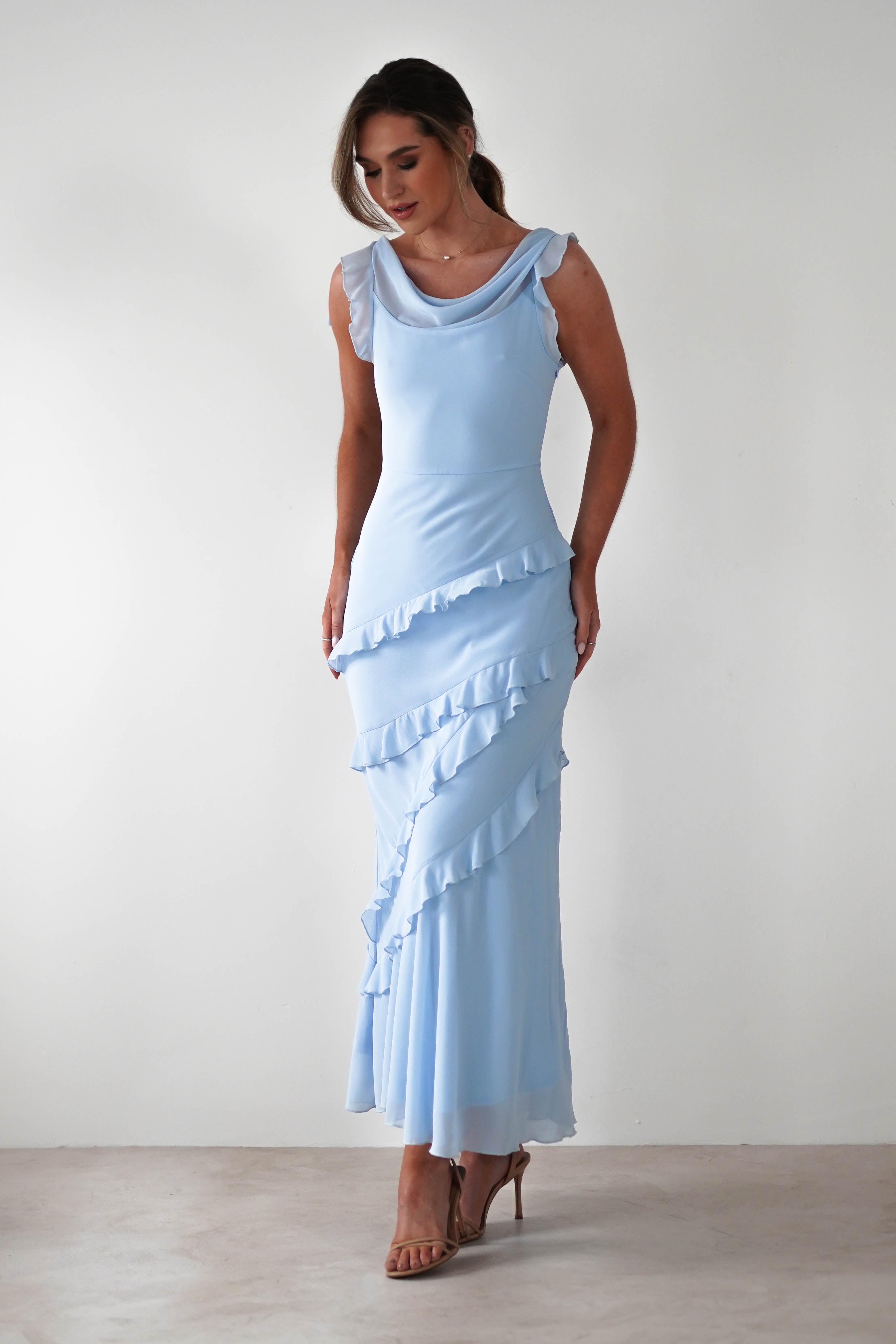 Lauretta Ruffle Chiffon Maxi Dress Blue | Wedding Guest Dress | Maxi | Chiffon | Oh Hello Clothing