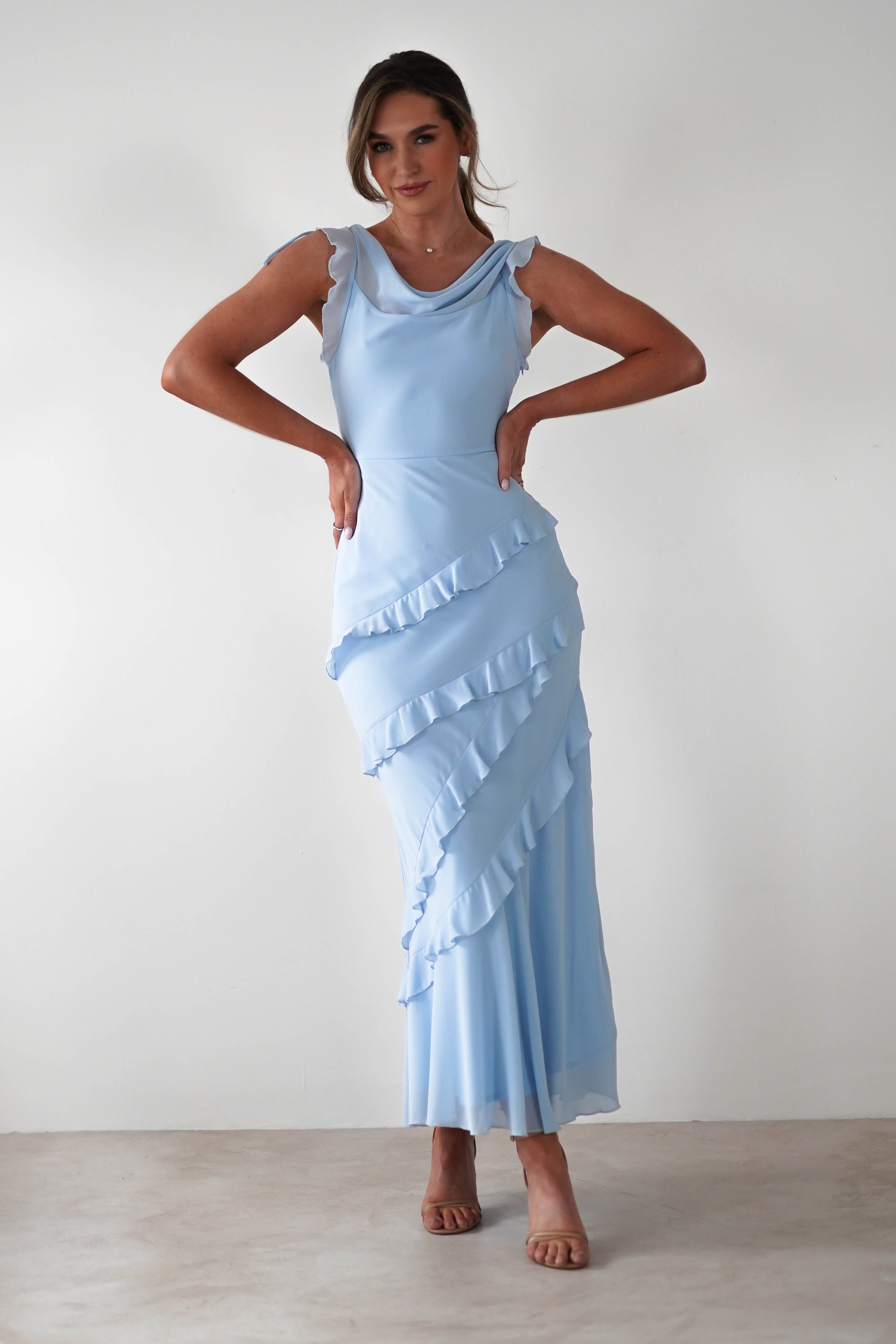 Lauretta Ruffle Chiffon Maxi Dress Blue | Wedding Guest Dress | Maxi | Chiffon | Oh Hello Clothing