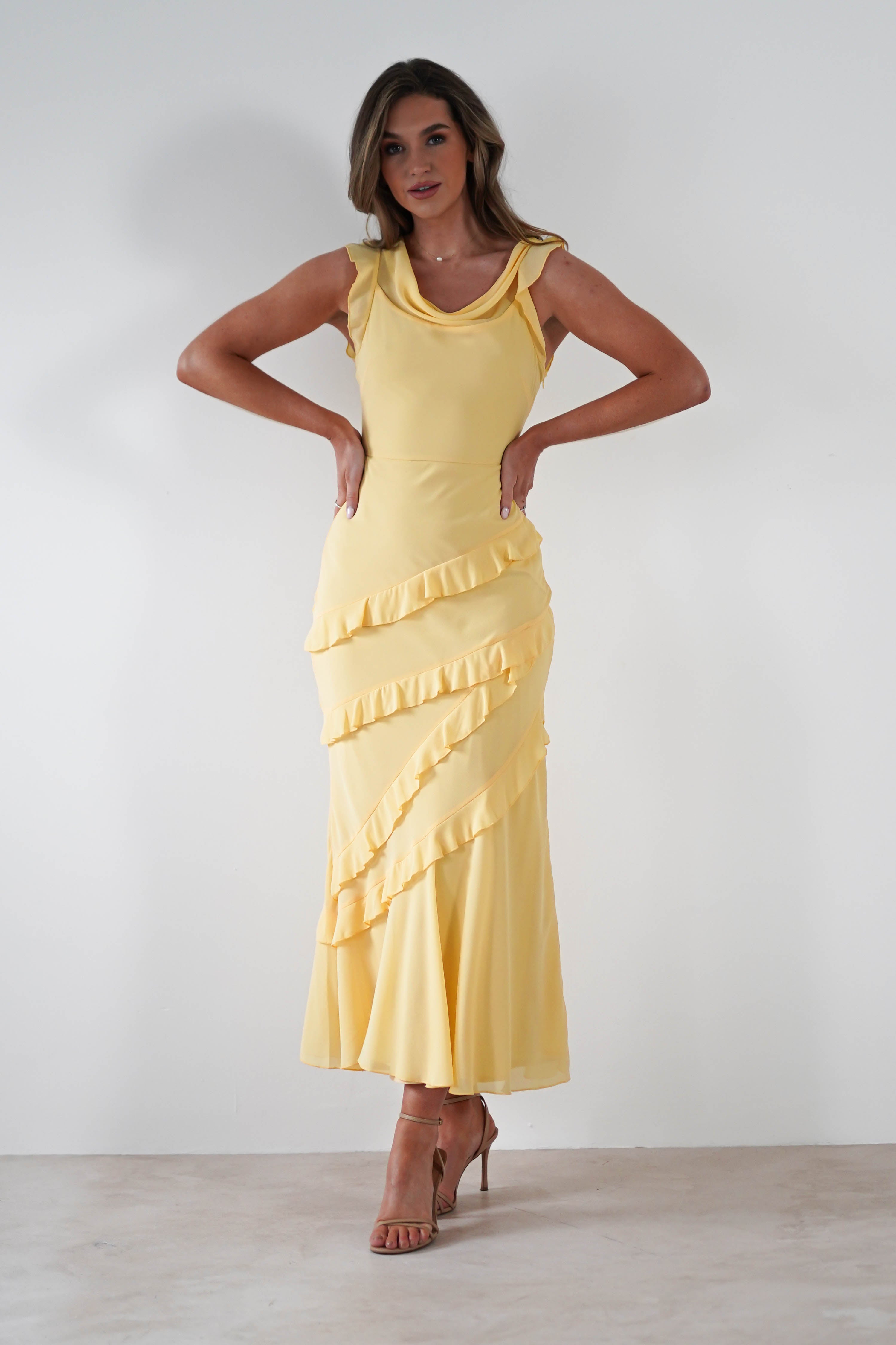 Lauretta Ruffle Chiffon Maxi Dress Yellow | Wedding Guest Dress | Maxi | Chiffon | Oh Hello Clothing