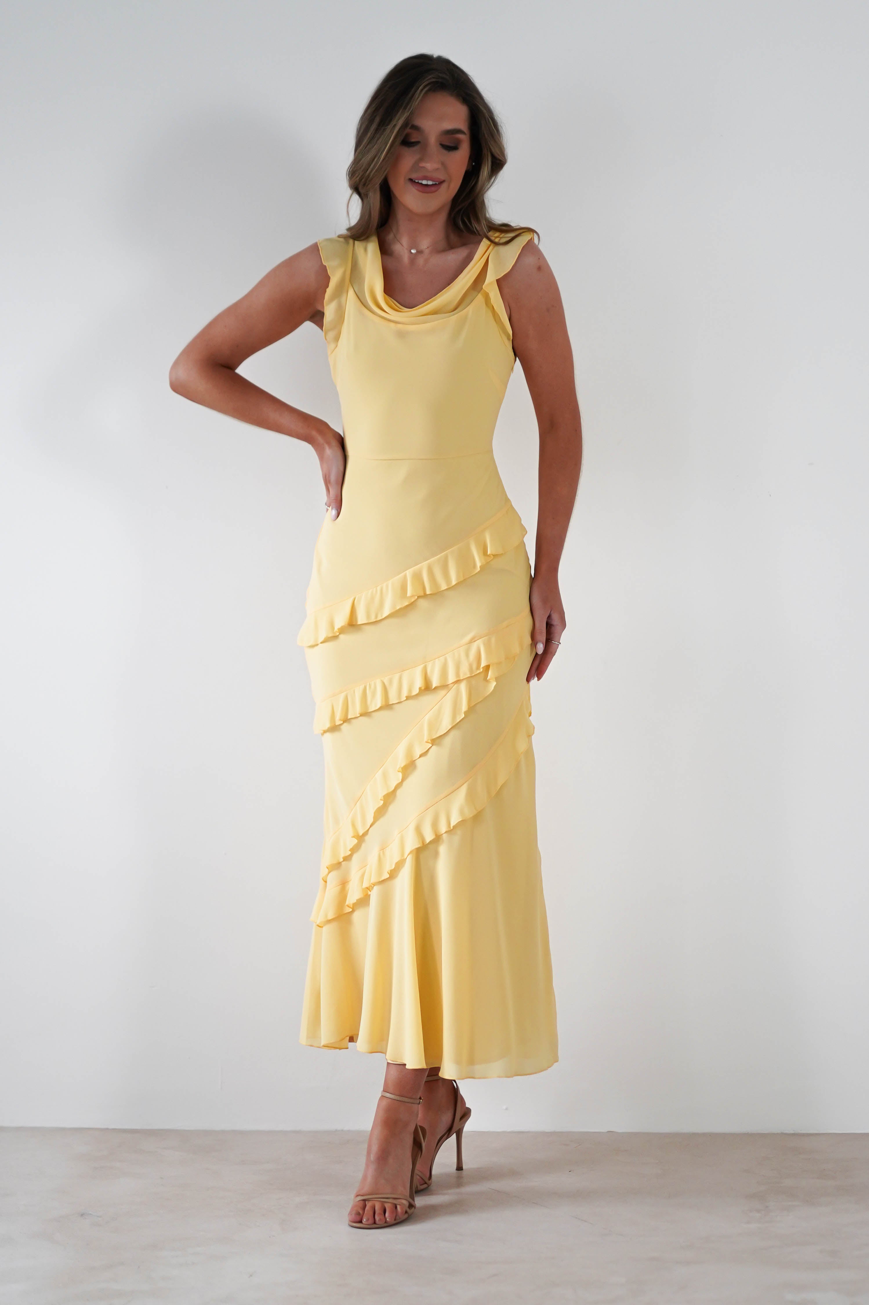 Lauretta Ruffle Chiffon Maxi Dress Yellow | Wedding Guest Dress | Maxi | Chiffon | Oh Hello Clothing