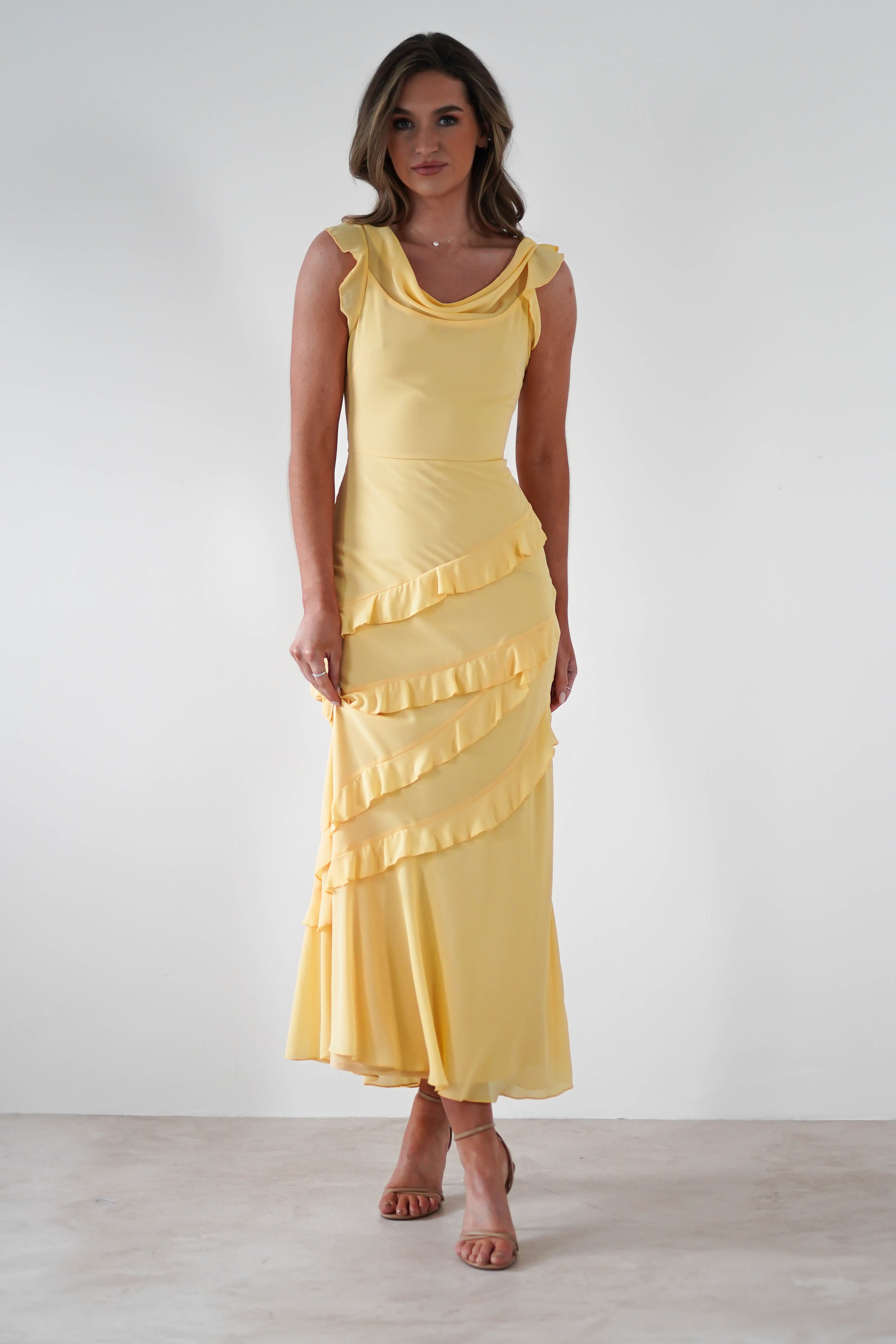 Lauretta Ruffle Chiffon Maxi Dress Yellow | Wedding Guest Dress | Maxi | Chiffon | Oh Hello Clothing