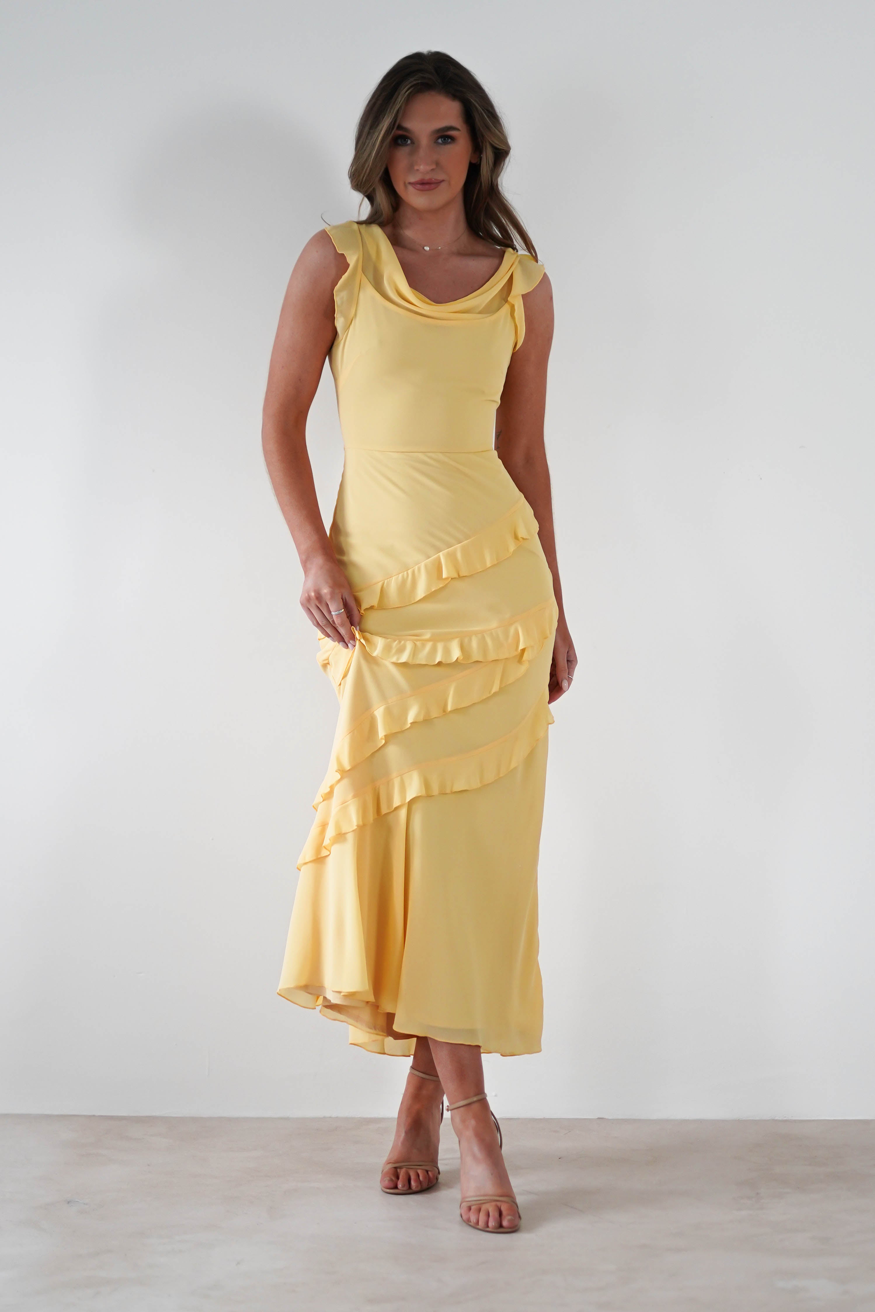 Lauretta Ruffle Chiffon Maxi Dress Yellow | Wedding Guest Dress | Maxi | Chiffon | Oh Hello Clothing