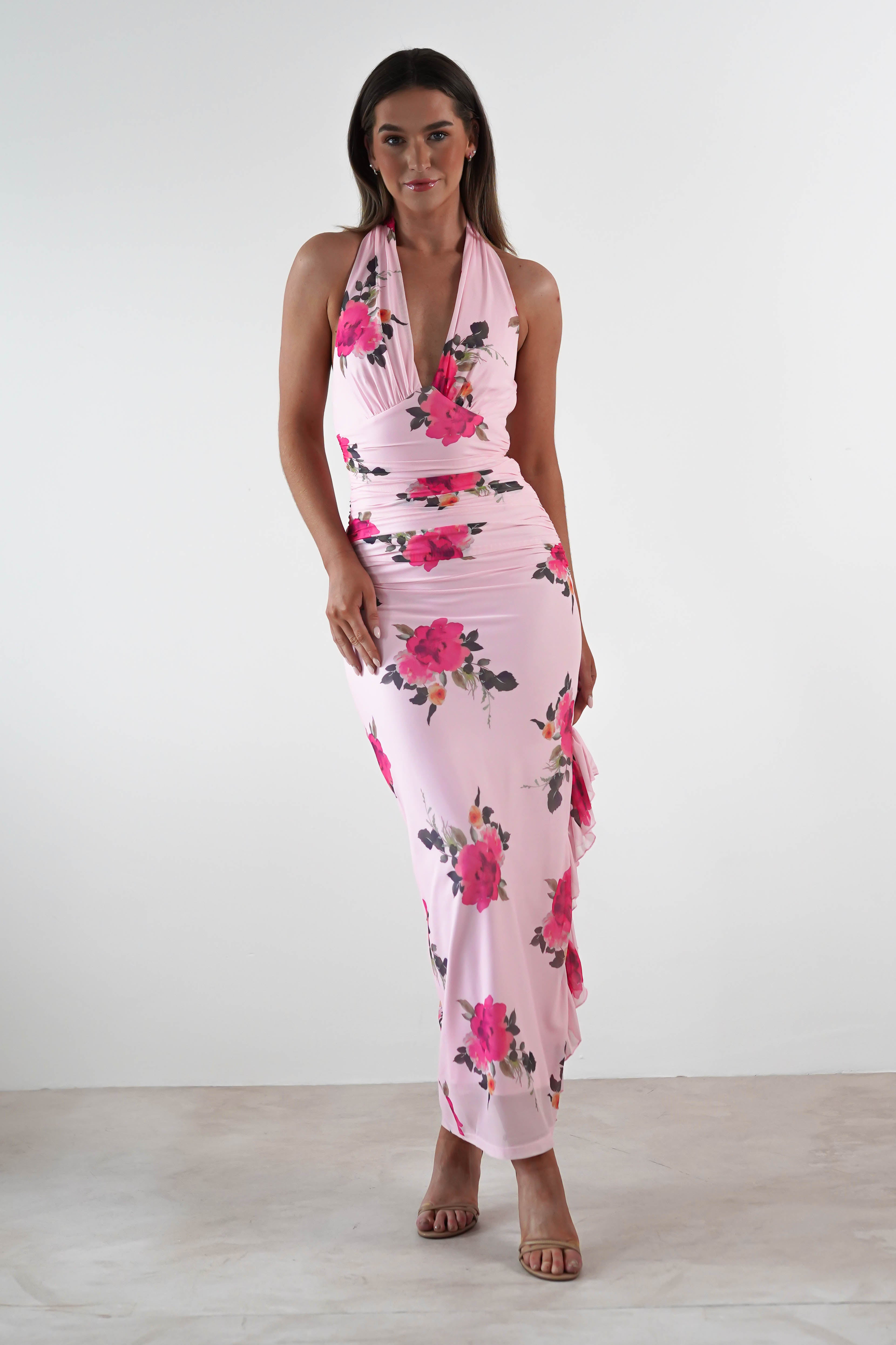 Emmaline Floral Bodycon Maxi Dress Pink | Wedding Guest Dress | Bodycon | Maxi | Oh Hello Clothing