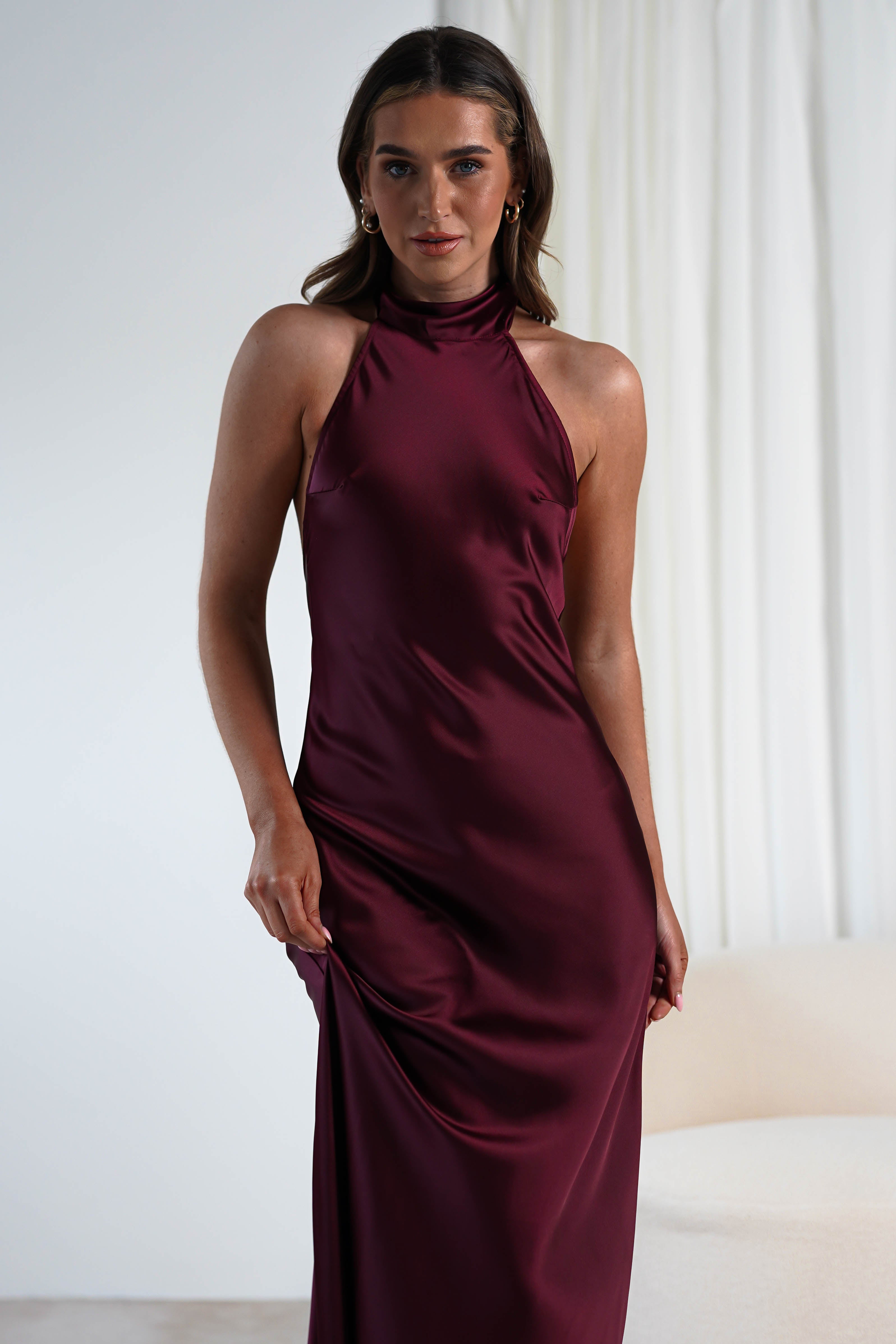 Dolce Soft Satin Halterneck Maxi Dress Wine | Wedding Guest Dress | Halter Neck | Maxi | Oh Hello Clothing