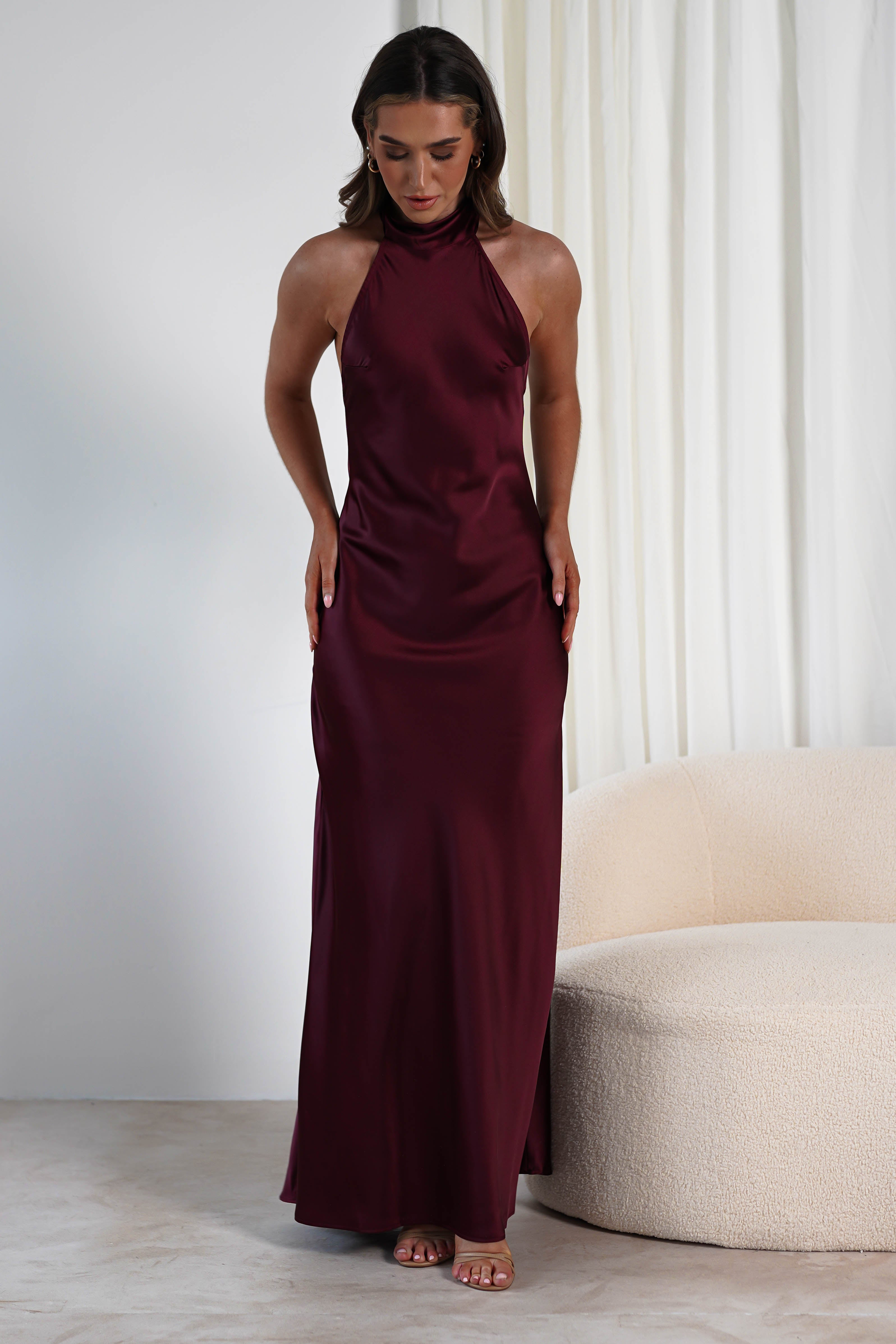 Dolce Soft Satin Halterneck Maxi Dress Wine | Wedding Guest Dress | Halter Neck | Maxi | Oh Hello Clothing