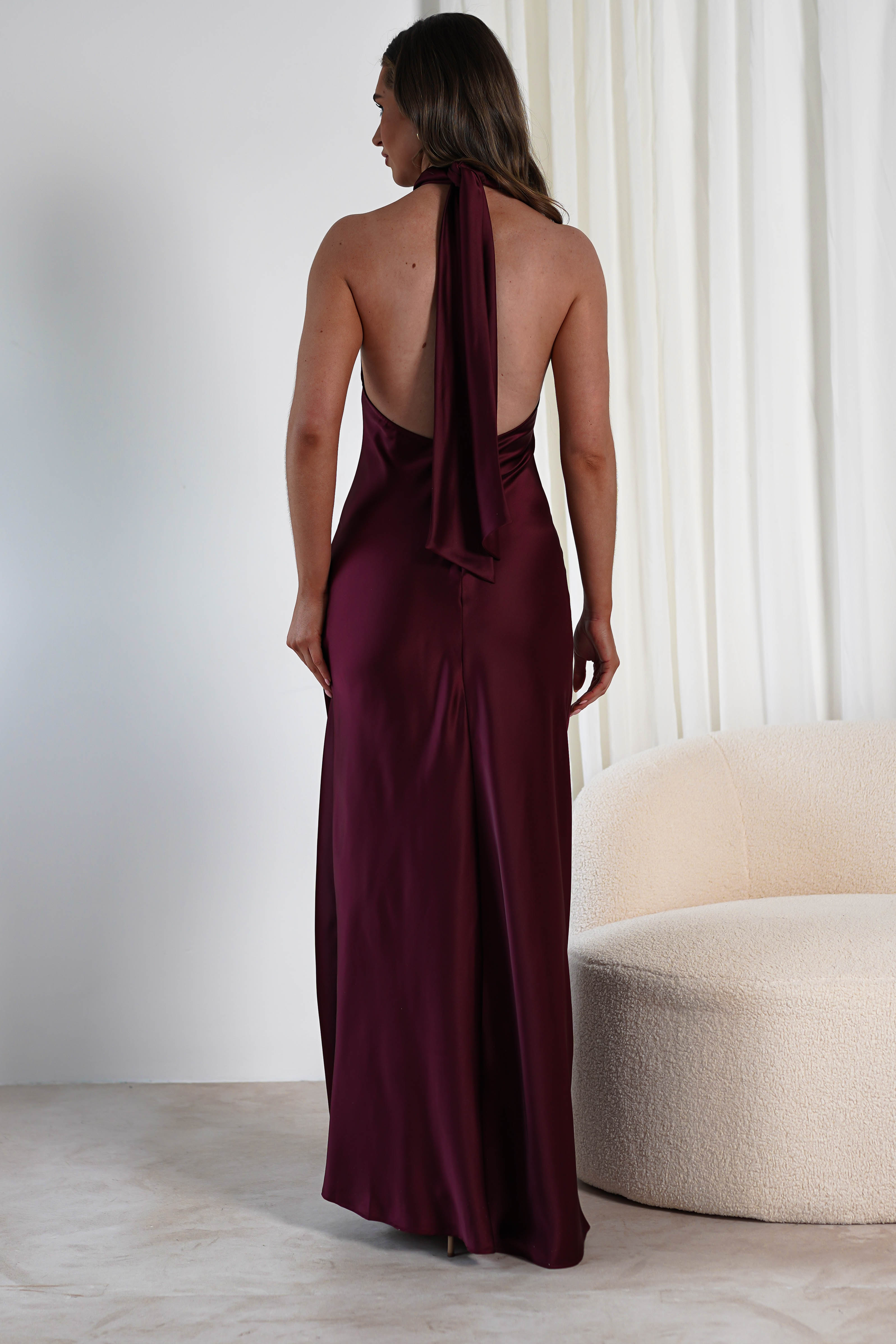 Dolce Soft Satin Halterneck Maxi Dress Wine | Wedding Guest Dress | Halter Neck | Maxi | Oh Hello Clothing