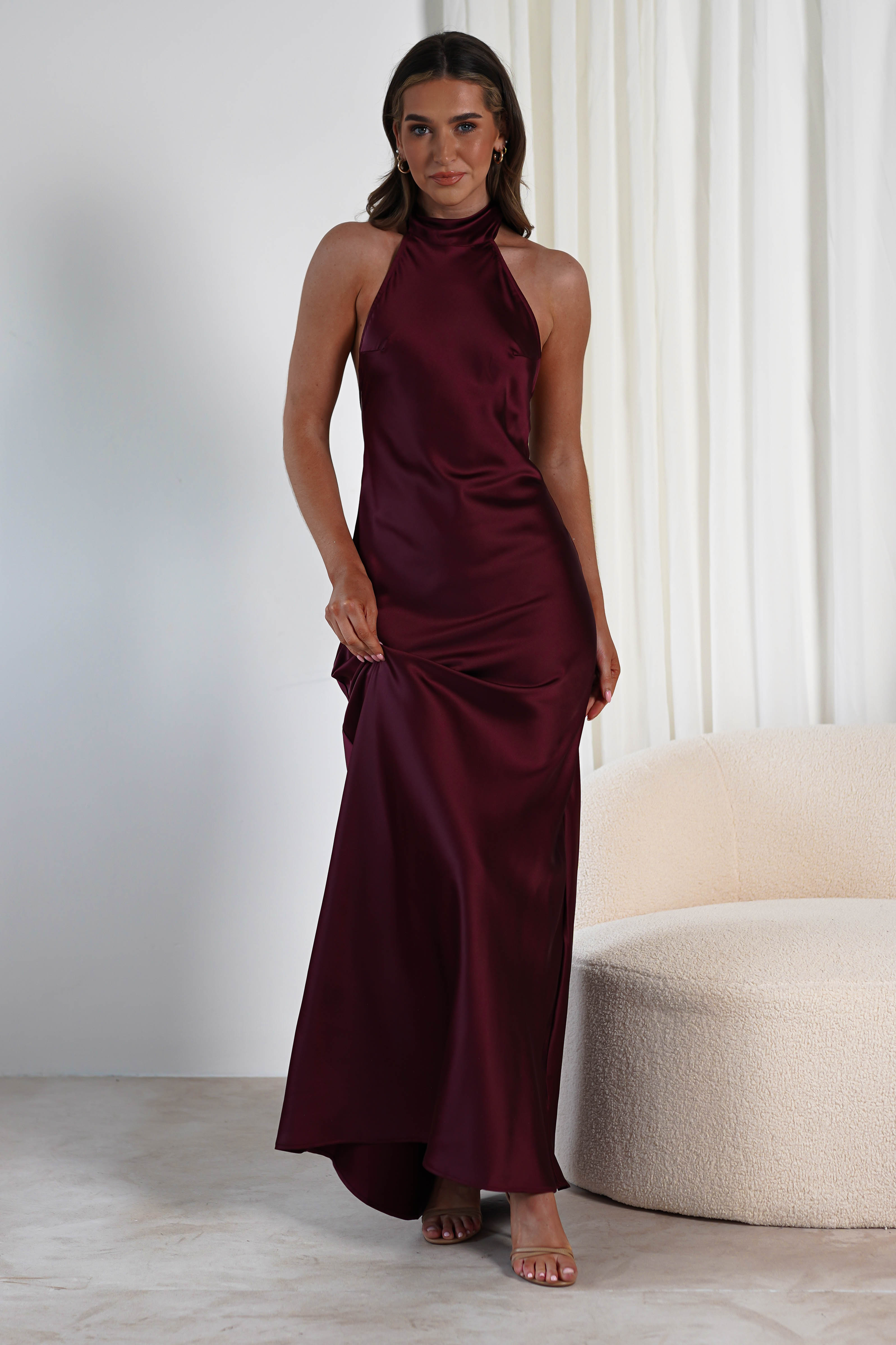 Dolce Soft Satin Halterneck Maxi Dress Wine | Wedding Guest Dress | Halter Neck | Maxi | Oh Hello Clothing
