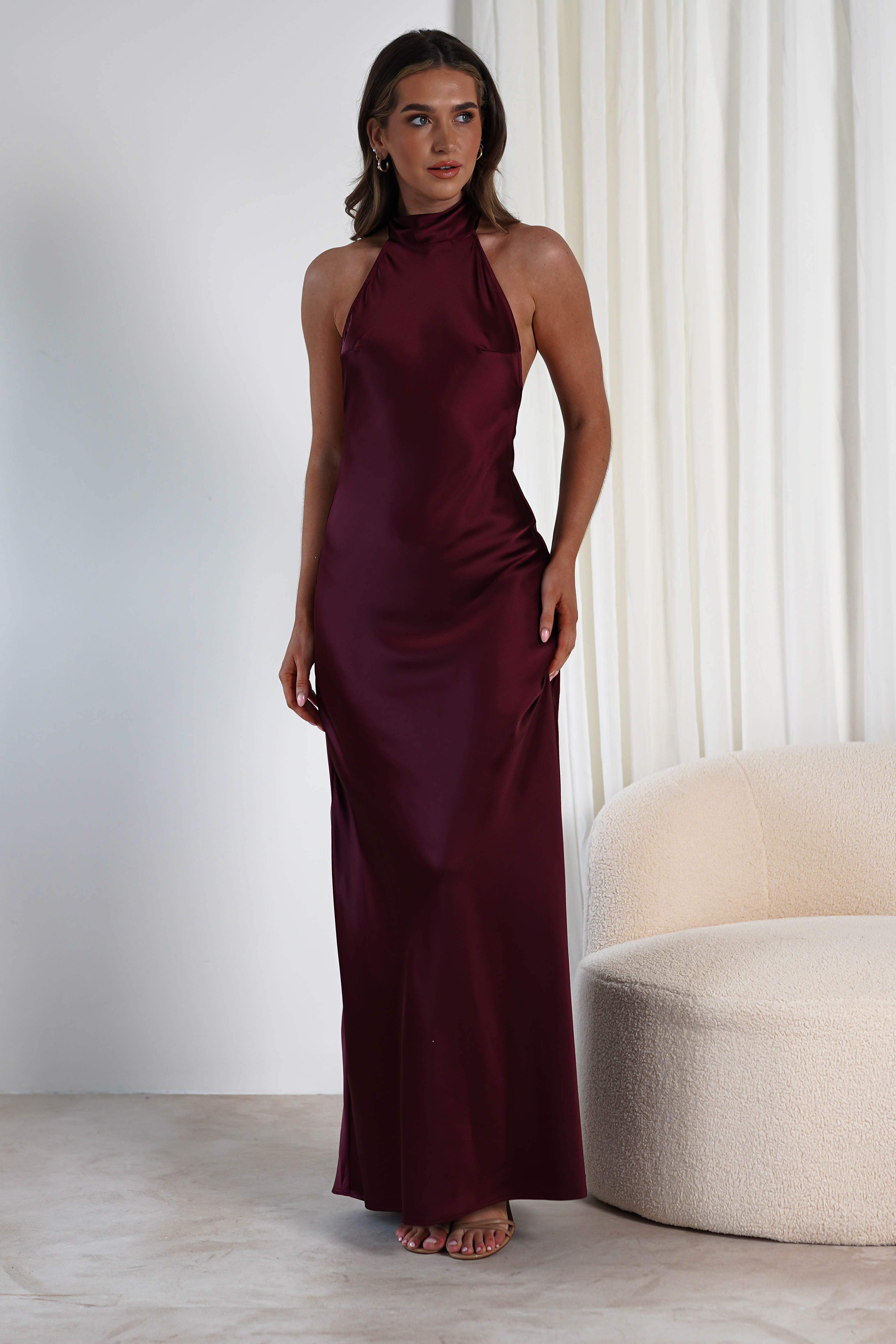 Dolce Soft Satin Halterneck Maxi Dress Wine | Wedding Guest Dress | Halter Neck | Maxi | Oh Hello Clothing