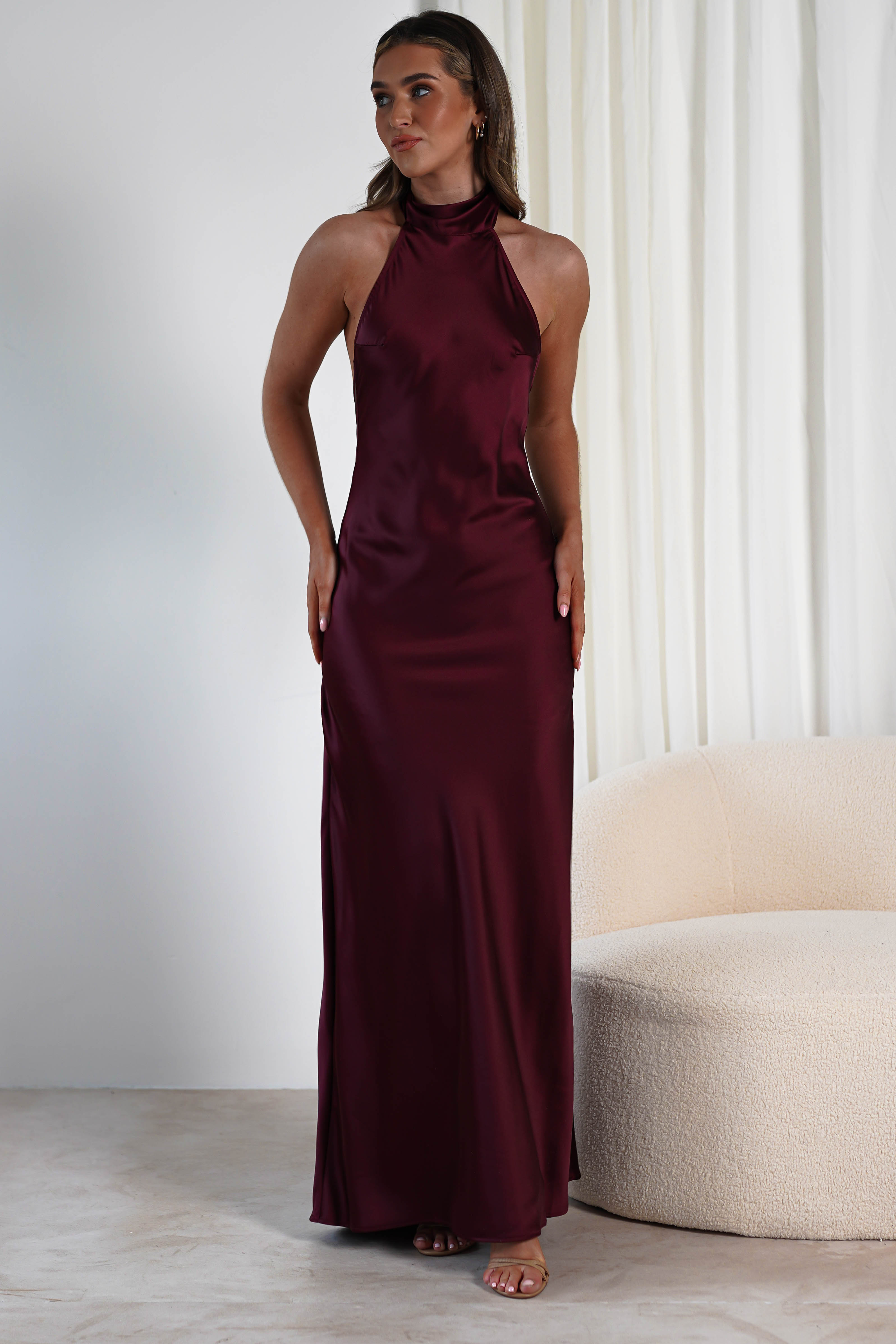 Dolce Soft Satin Halterneck Maxi Dress Wine | Wedding Guest Dress | Halter Neck | Maxi | Oh Hello Clothing