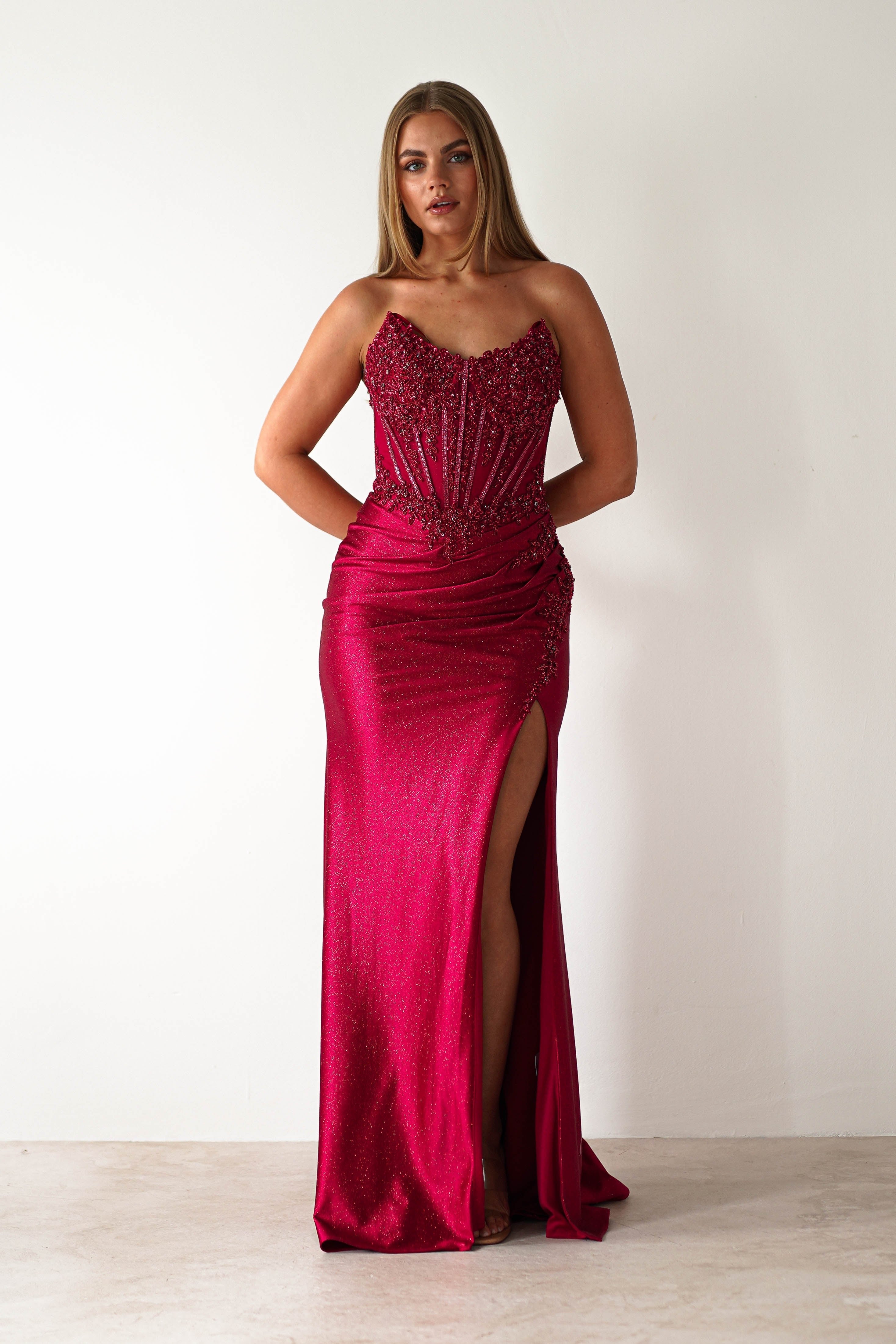 Caspian Embellished Bodycon Gown | Deep Red | Debs & Prom | Formal Gown | Oh Hello Clothing