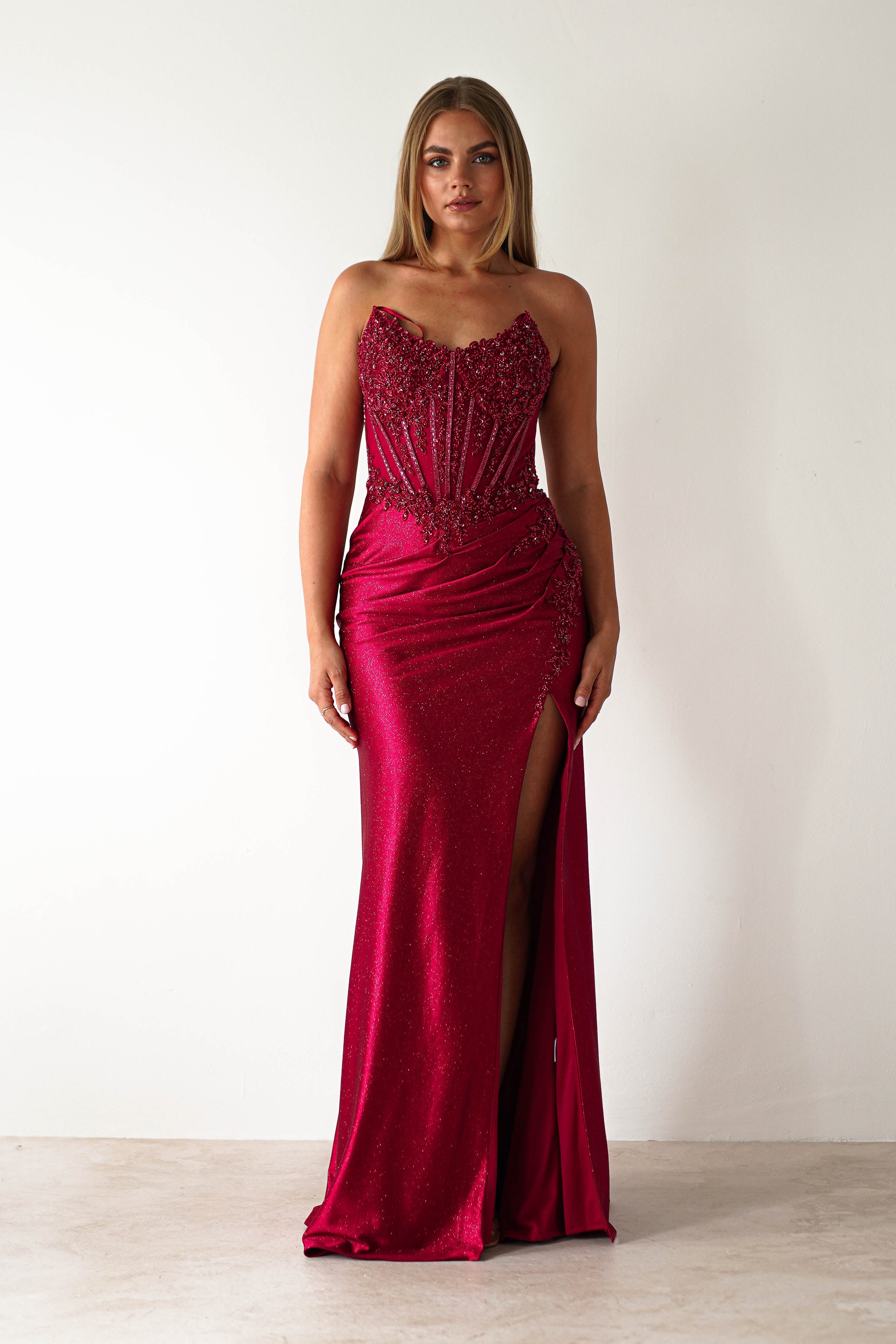 Caspian Embellished Bodycon Gown | Deep Red | Debs & Prom | Formal Gown | Oh Hello Clothing