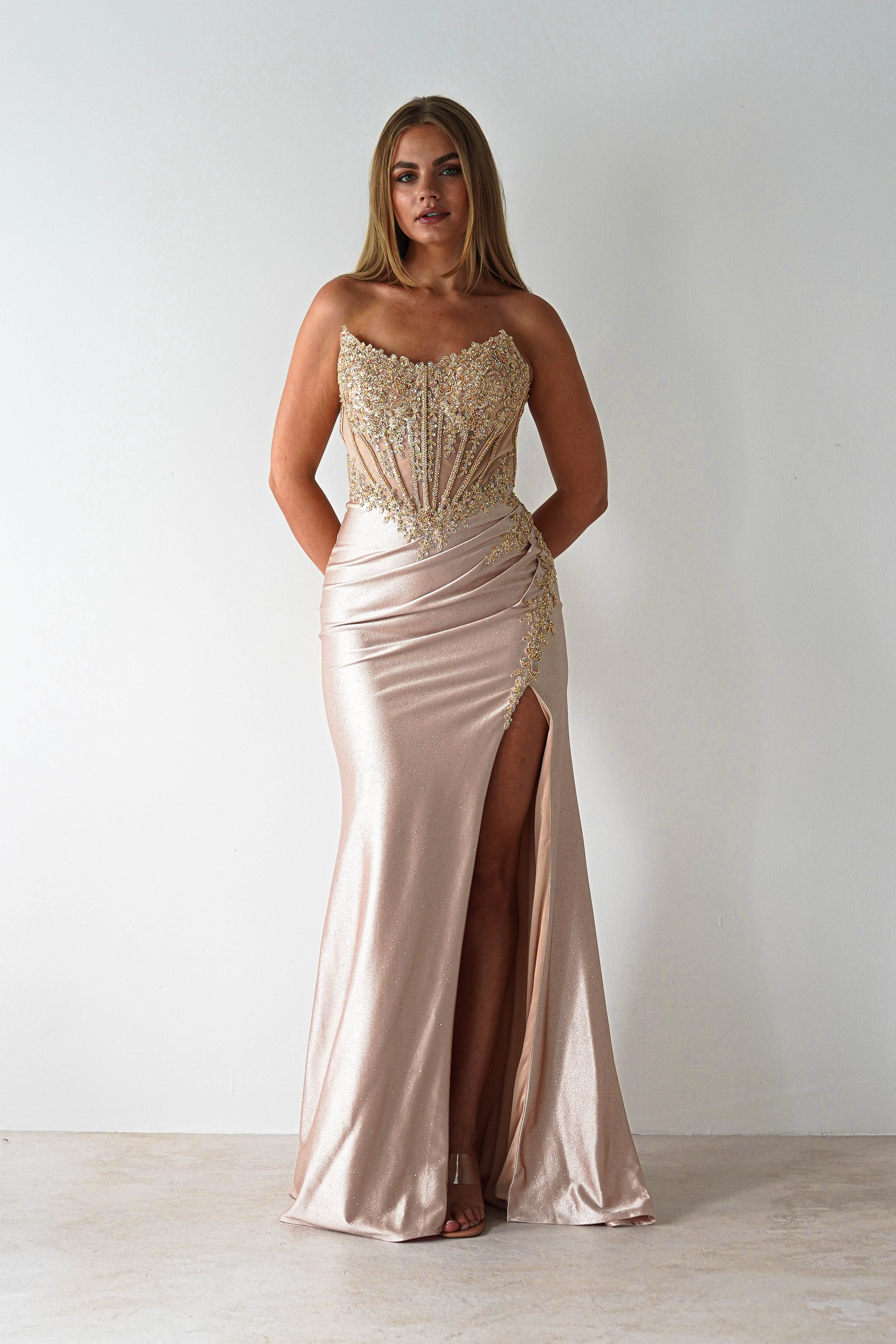 Caspian Embellished Bodycon Gown | Gold | Debs & Prom | Formal Gown | Oh Hello Clothing