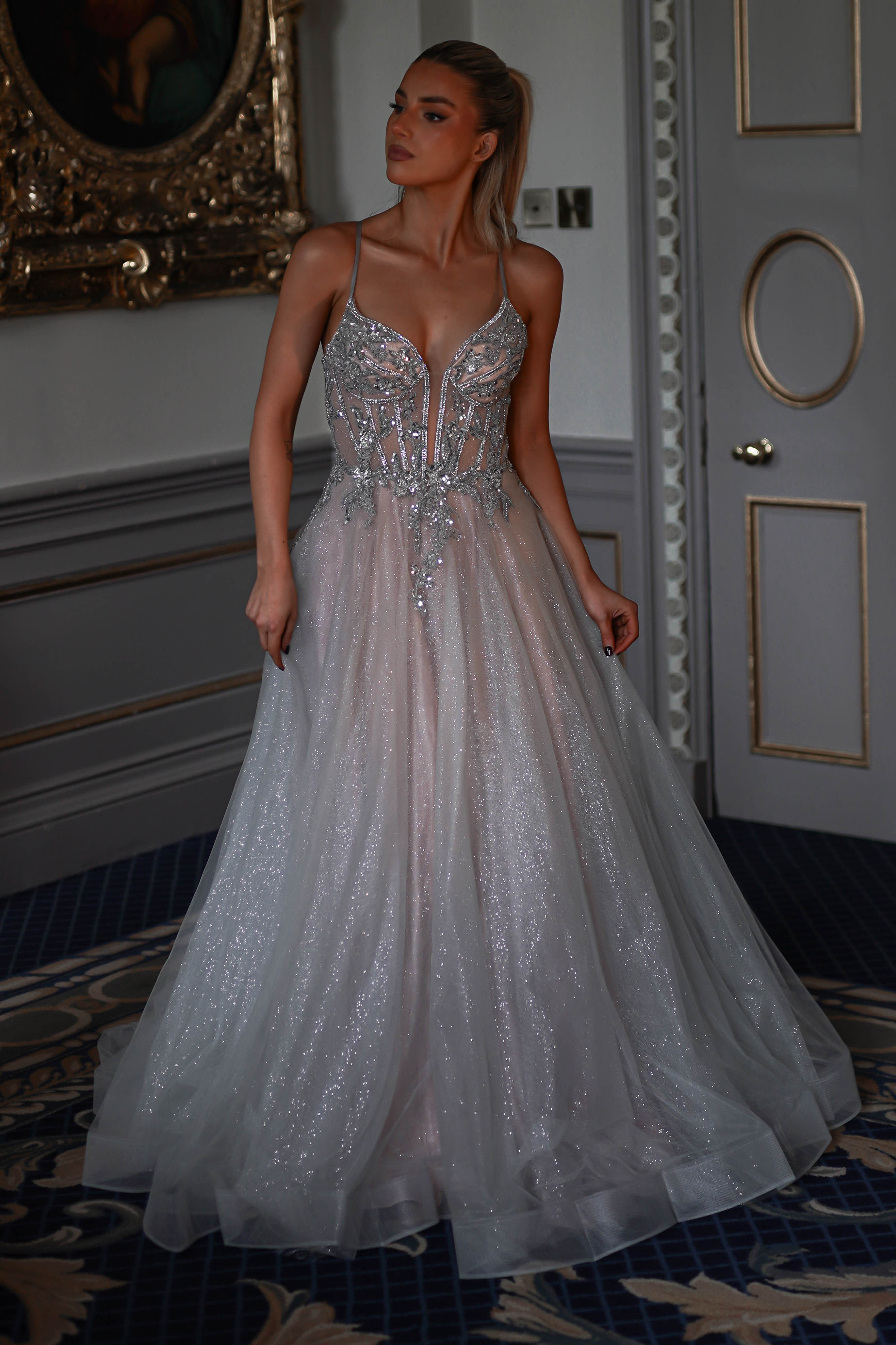 Shyla Glitter Princess Gown | Silver/Nude | Debs & Prom | Formal Gown | Oh Hello Clothing