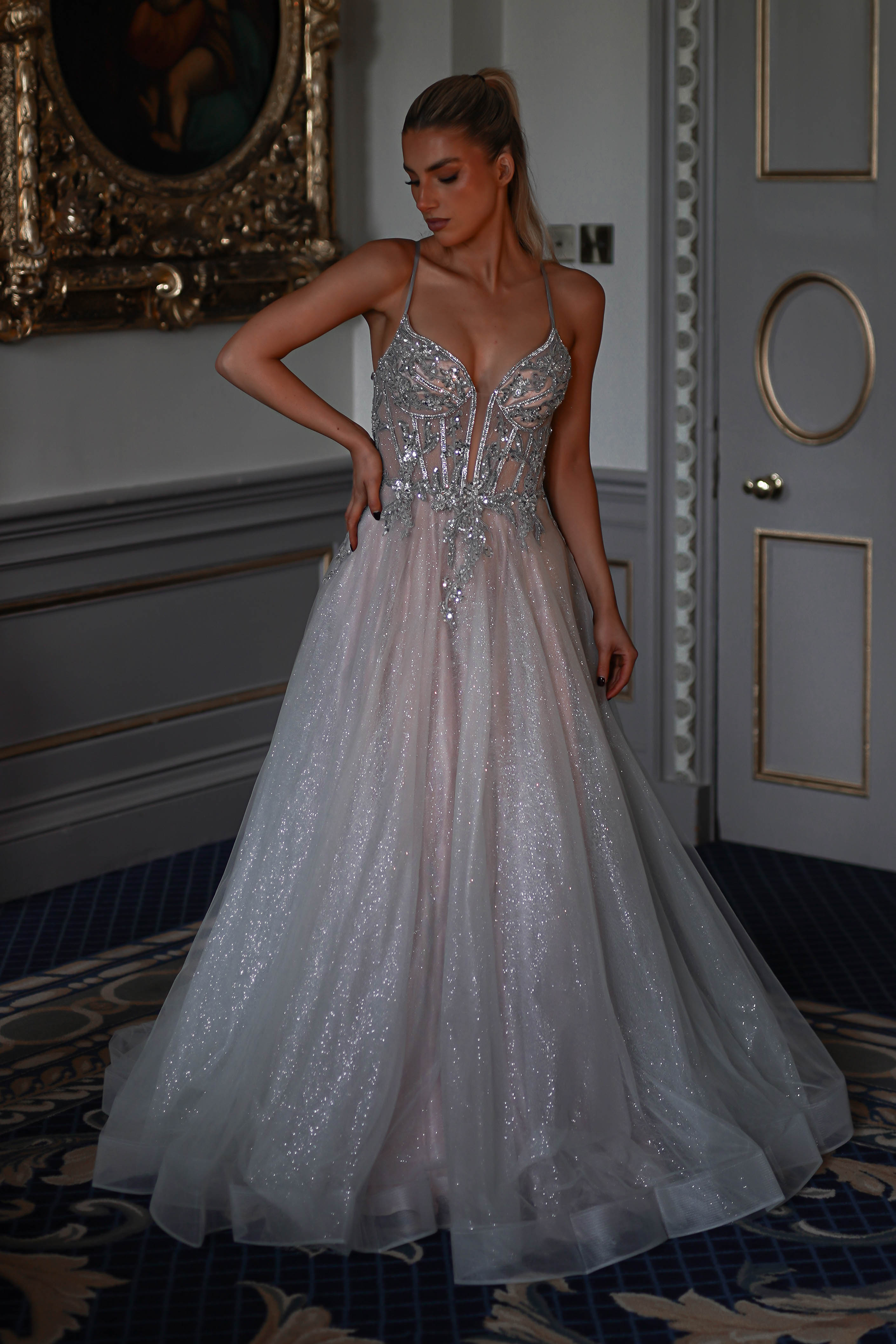 Shyla Glitter Princess Gown | Silver/Nude | Debs & Prom | Formal Gown | Oh Hello Clothing