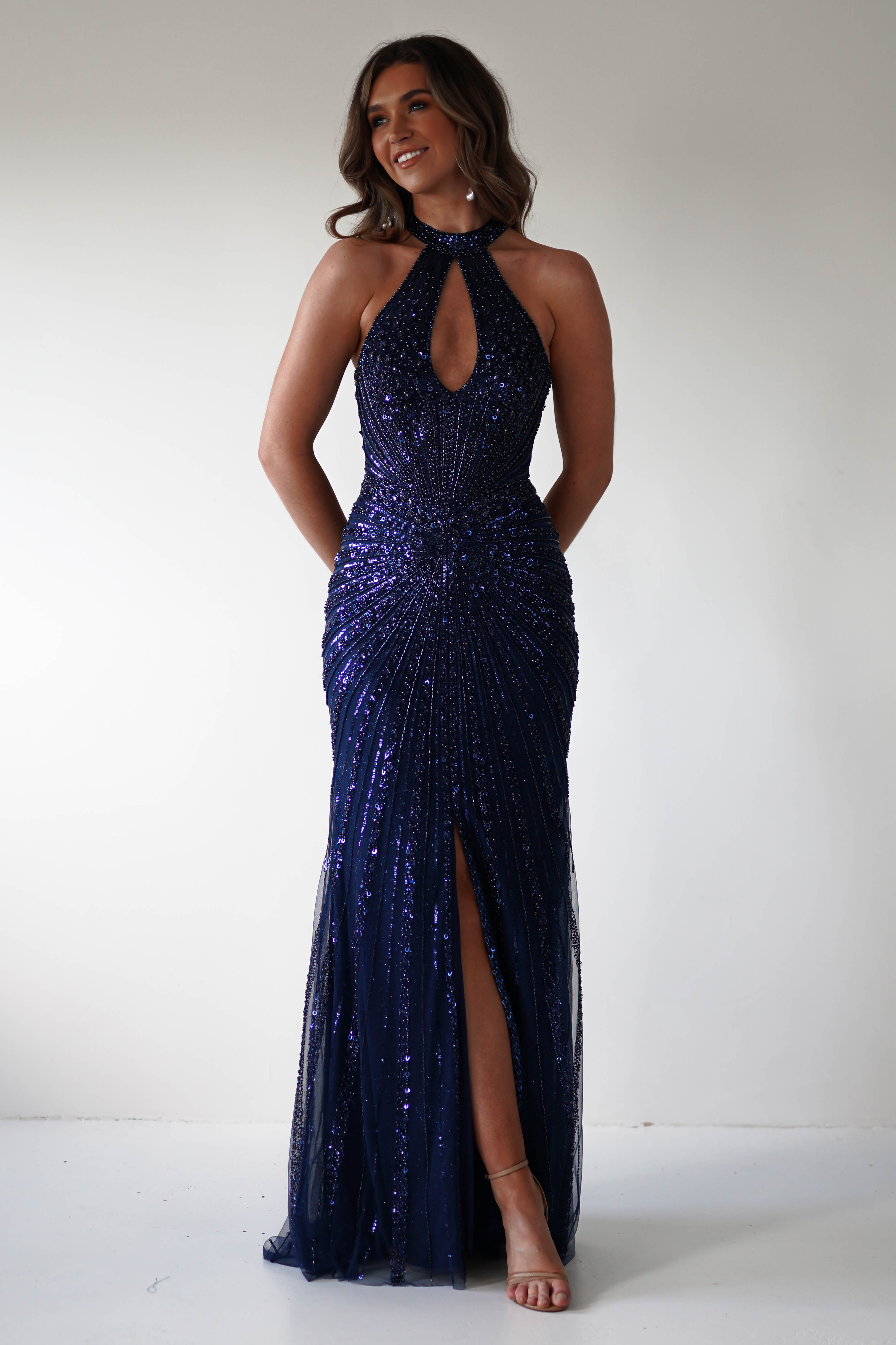 Santana Beaded Keyhole Gown | Midnight | Debs & Prom | Formal Gown | Oh Hello Clothing